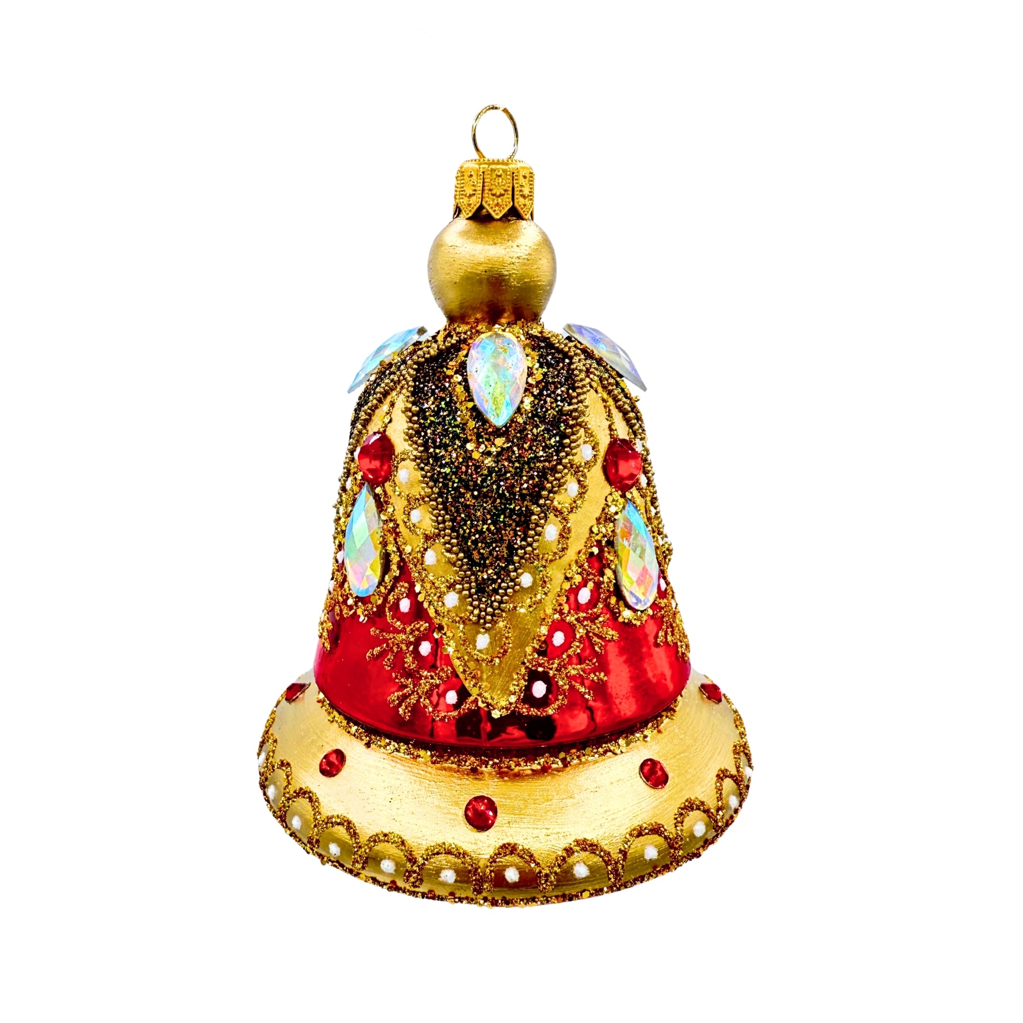 Cloche en verre décorative à suspendre, finition brillante rouge et dorée avec motifs appliqués et éléments facettés