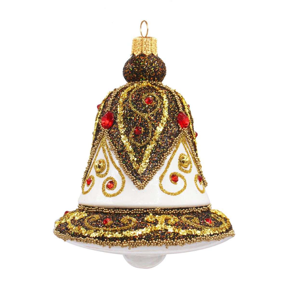 Cloche de Noël en verre soufflé blanc ornée d'or, noir et perles rouges