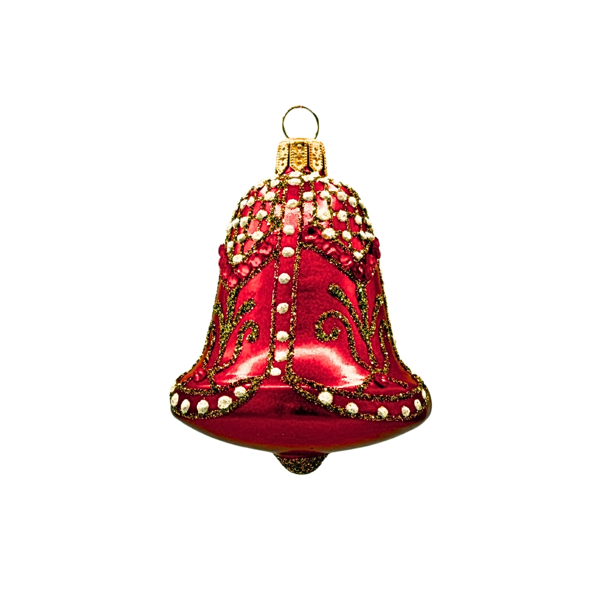 Cloche en verre soufflé rouge avec motifs en relief, détails brillants et attache métallique pour suspension décorative