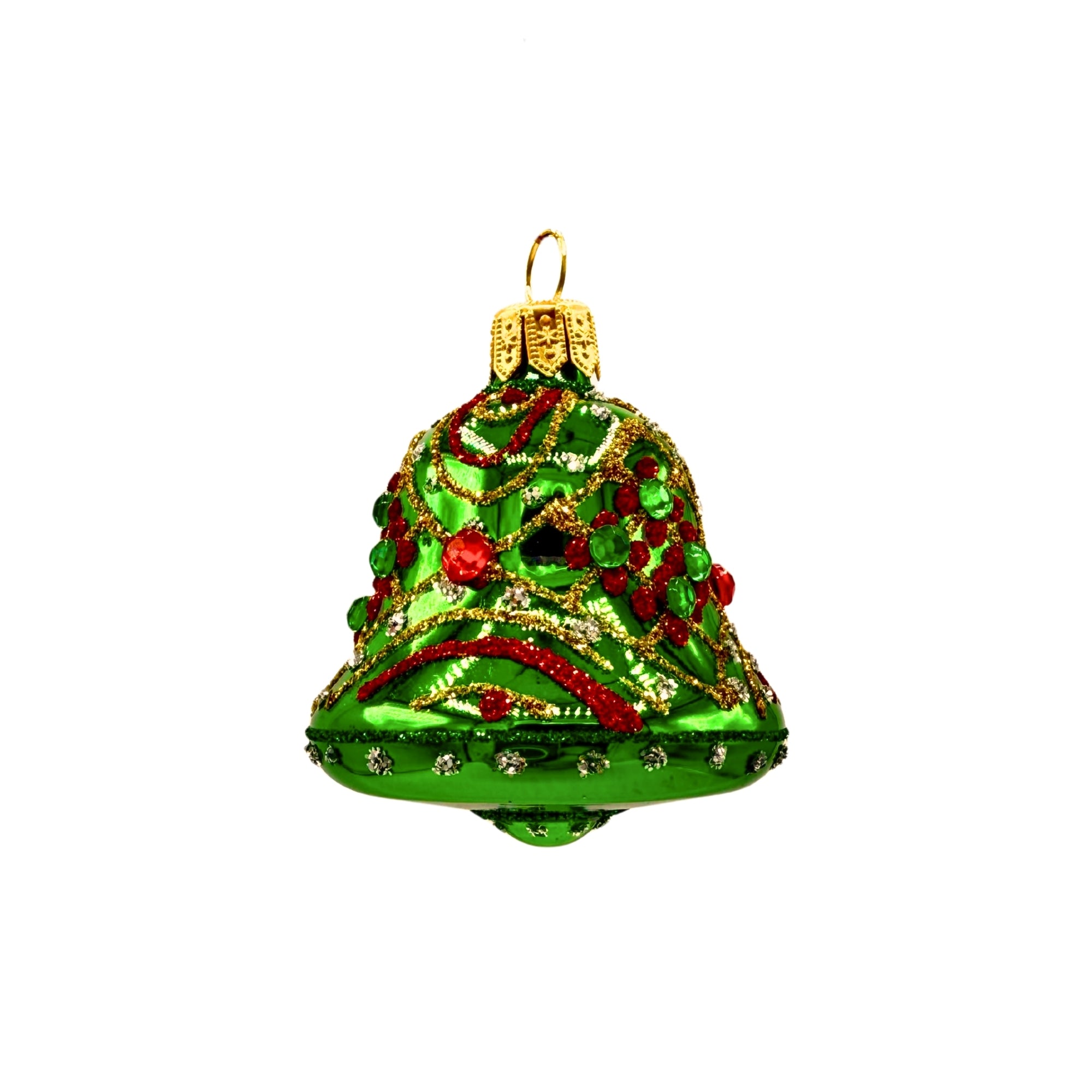 Cloche décorative verte en verre avec motifs en relief, ornements rouges et verts et attache métallique dorée
