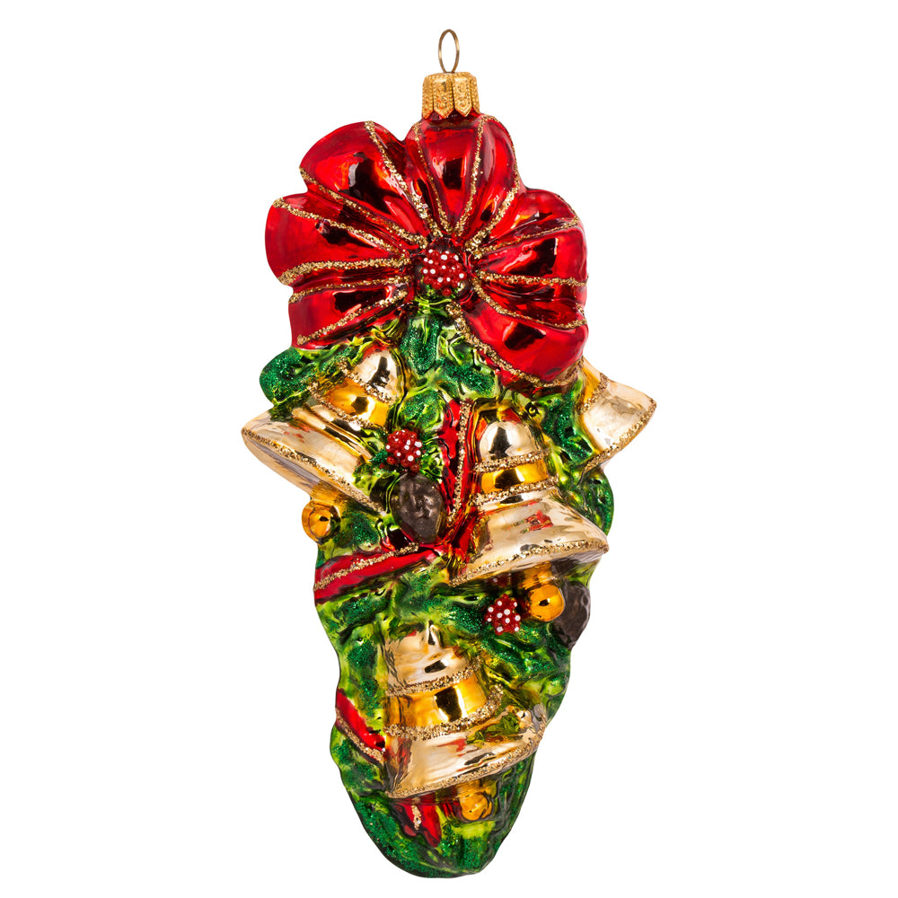 Cloches de Noël en verre soufflé rouge vert et doré, décorées d'un grand nœud