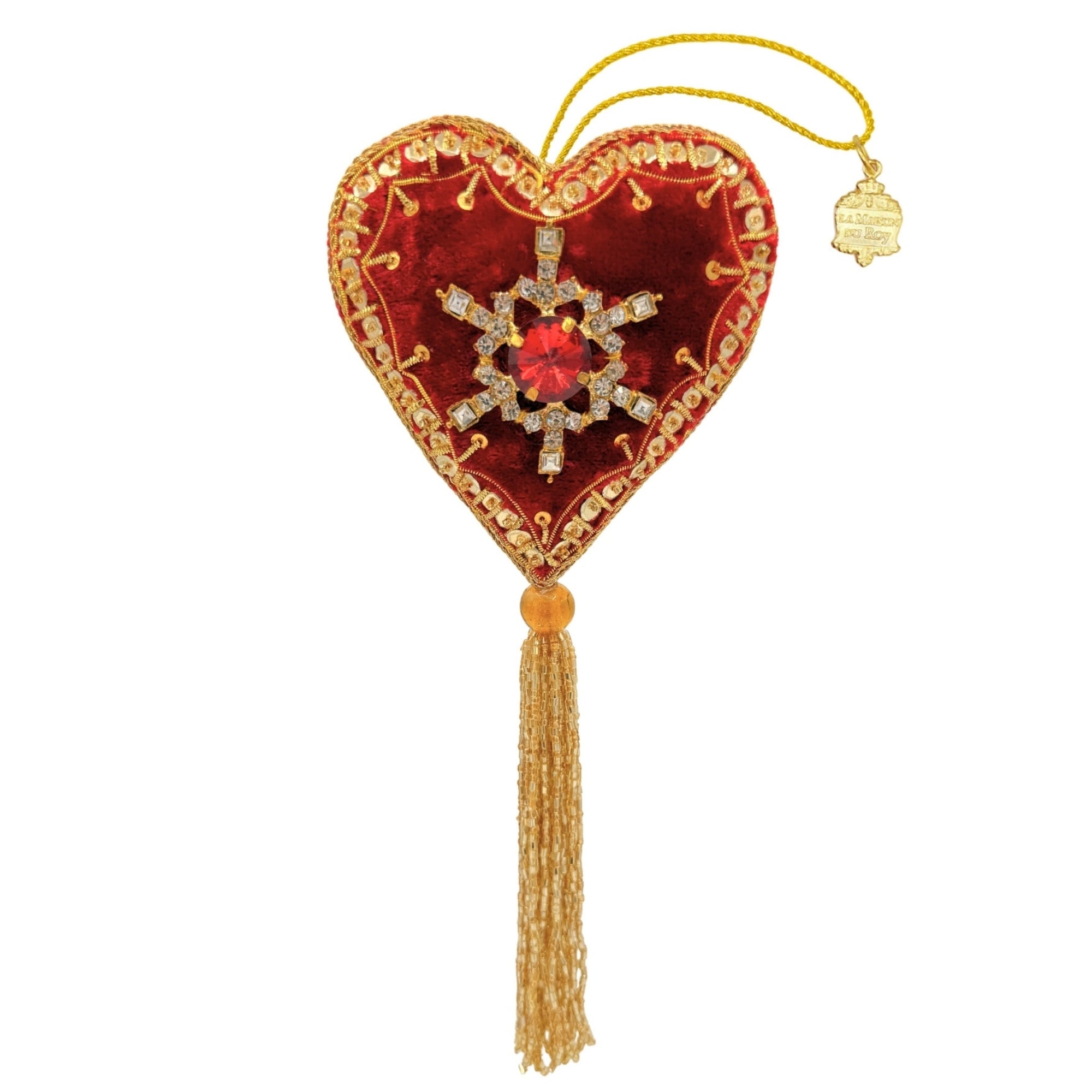 Coeur en velours rouge brodé d'or avec médaillon central et pompon de perles doré