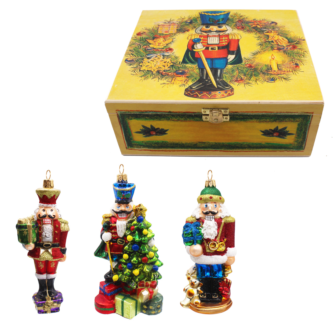 Coffret en bois décoré de casse-noisette et trois ornements de Noël en verre soufflé peints à la main