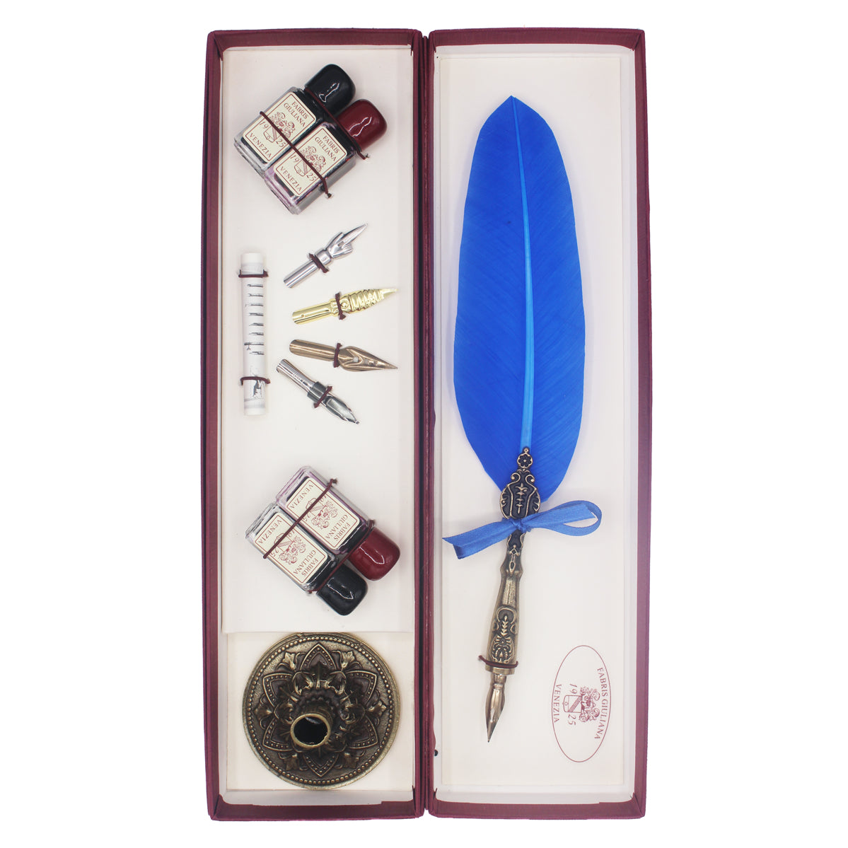 Coffret de calligraphie bleu ouvert avec plume, encrier, flacons d'encre et pointes métalliques