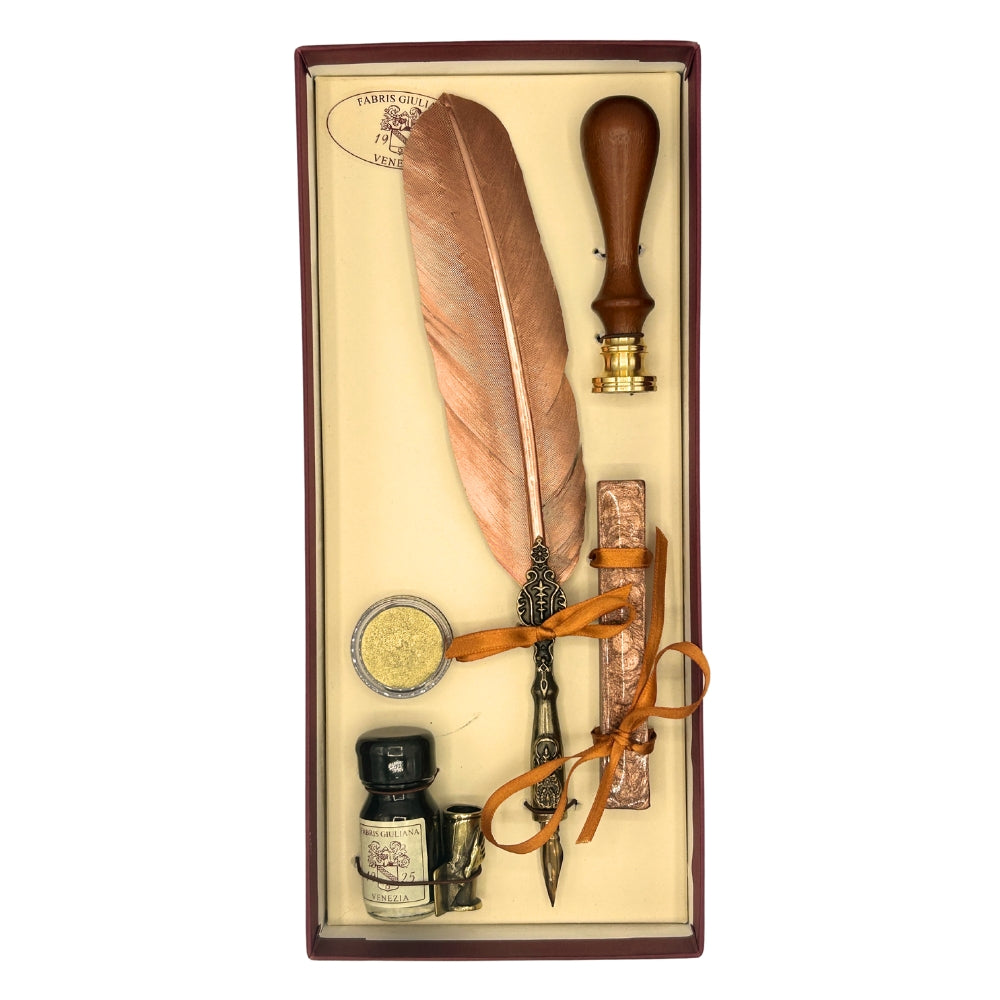 Coffret de calligraphie avec plume cuivrée, sceau en laiton, cire et poudre dorée