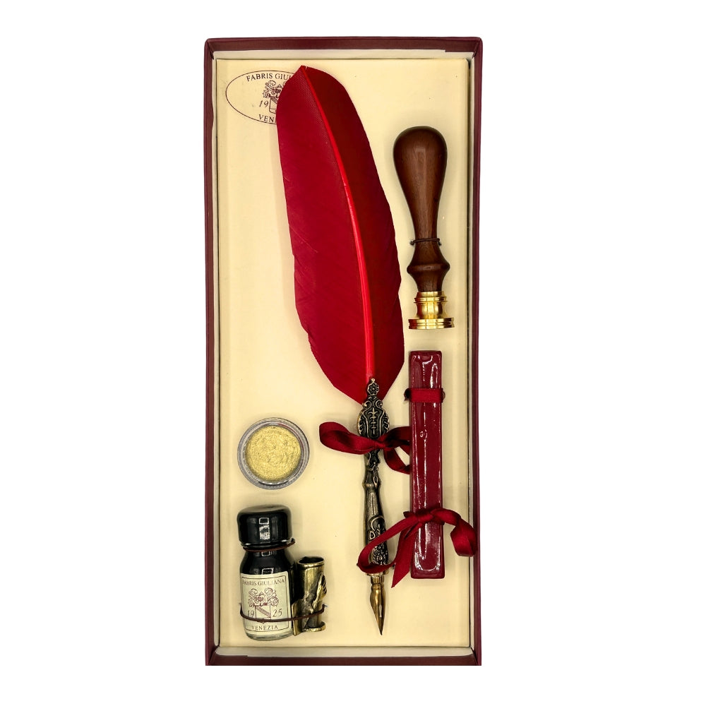 Coffret de calligraphie avec plume bordeaux, cachet en bois, cire et poudre dorée