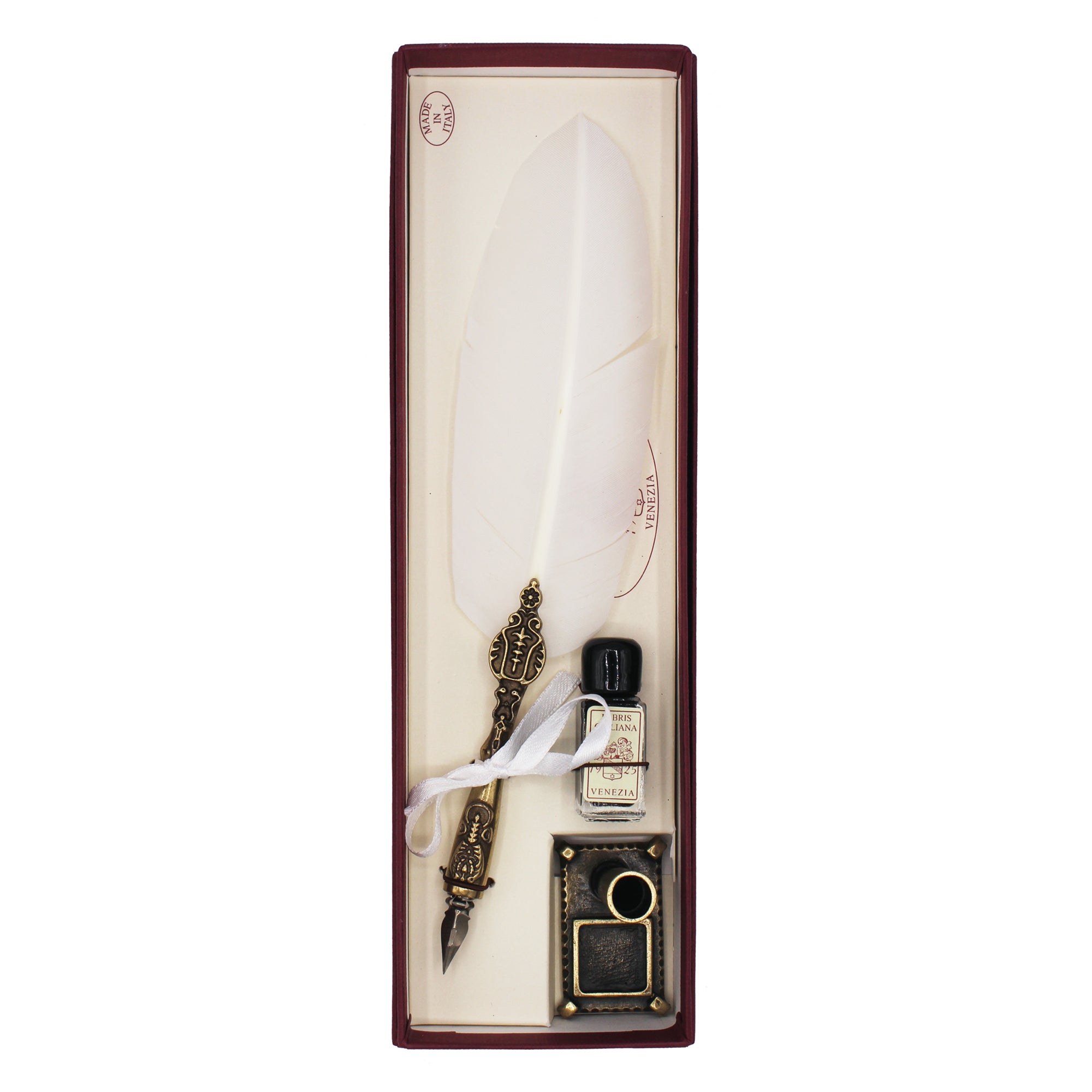 Coffret de calligraphie blanc avec plume d'oie, encrier décoré et flacon d'encre