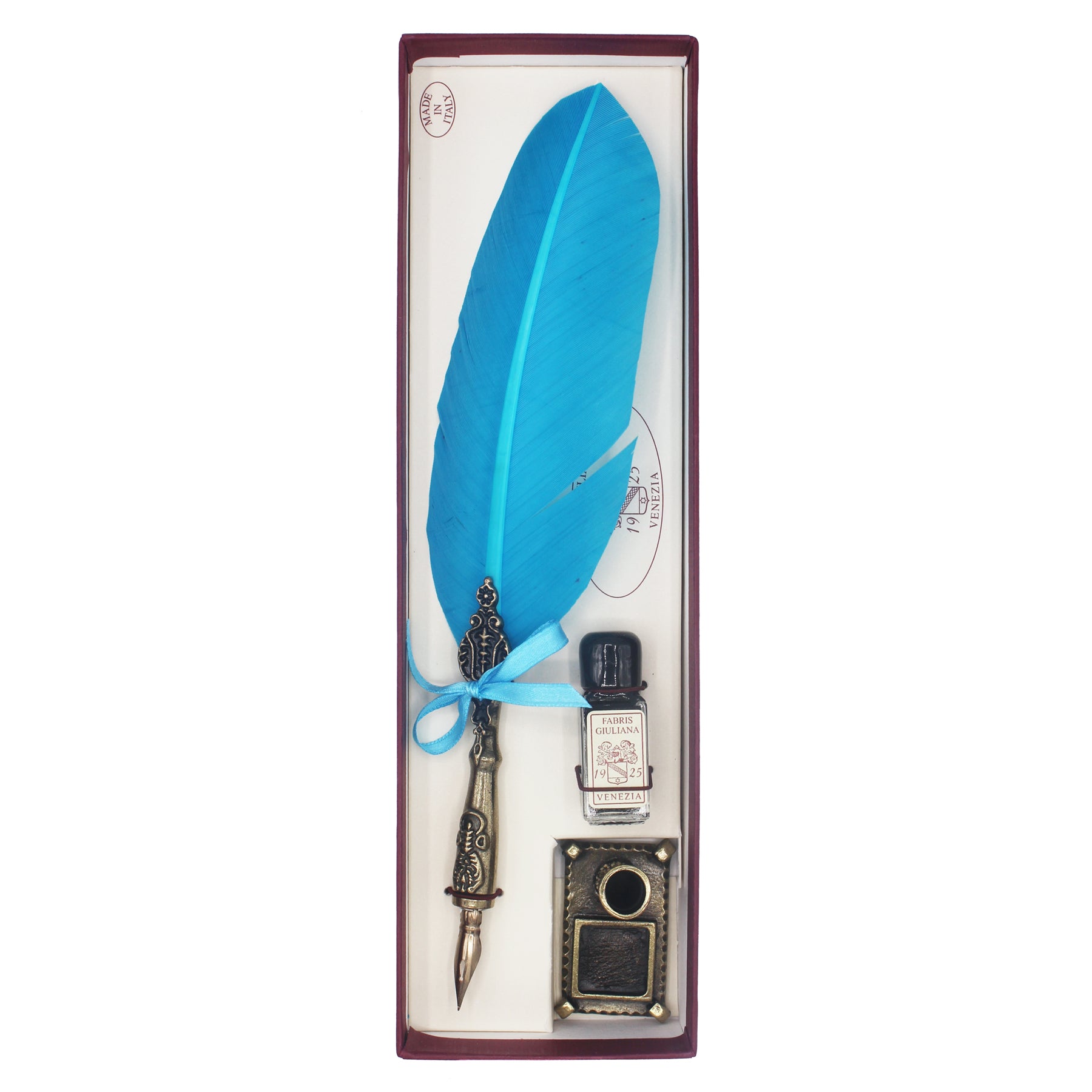 Coffret de calligraphie bleu ciel avec plume, encrier métallique et flacon d'encre