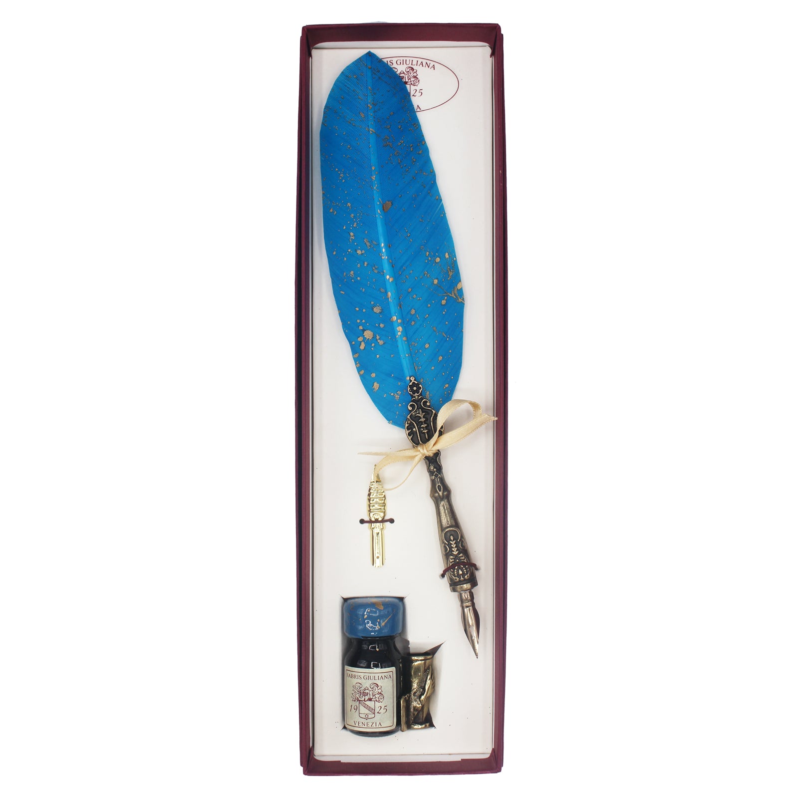 Coffret de calligraphie bleu et doré avec plume teintée, encrier, recharge et flacon d'encre