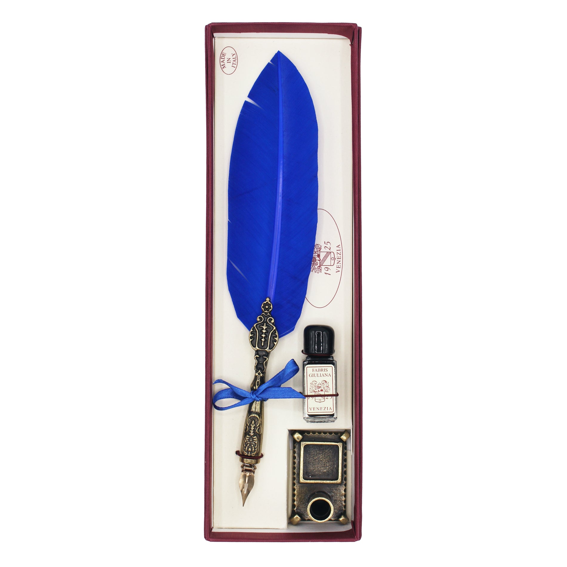Coffret de calligraphie bleu avec plume d'oie, encrier et flacon d'encre vénitiens