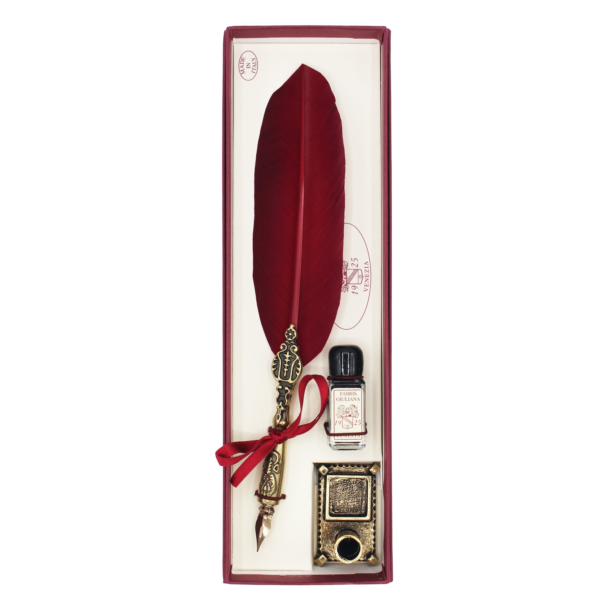 Coffret de calligraphie bordeaux avec plume, encrier doré et flacon d'encre