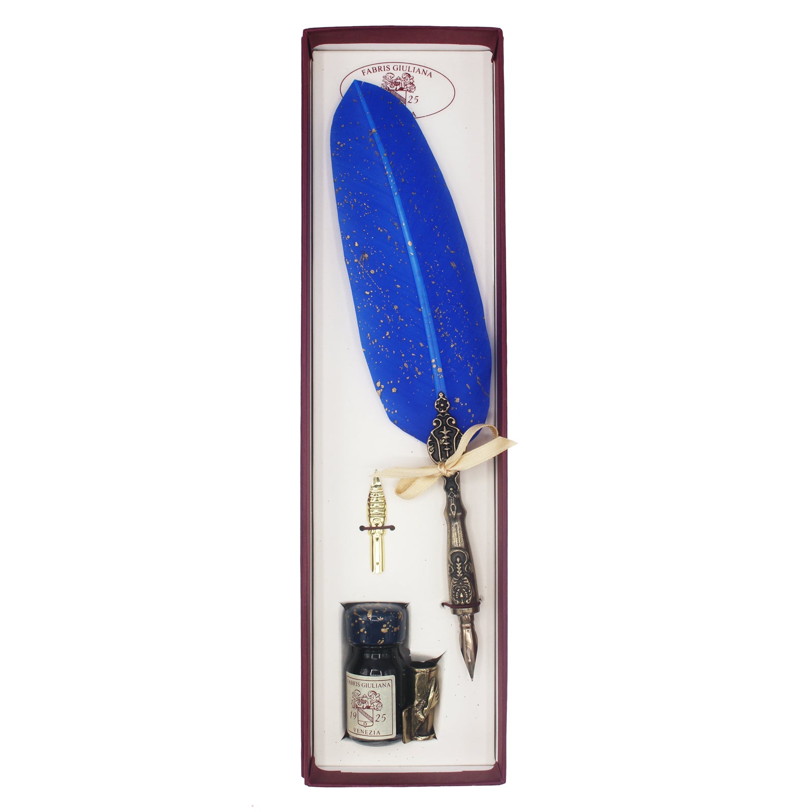 Coffret de calligraphie bleu et doré avec plume d'oie, encrier et flacon d'encre