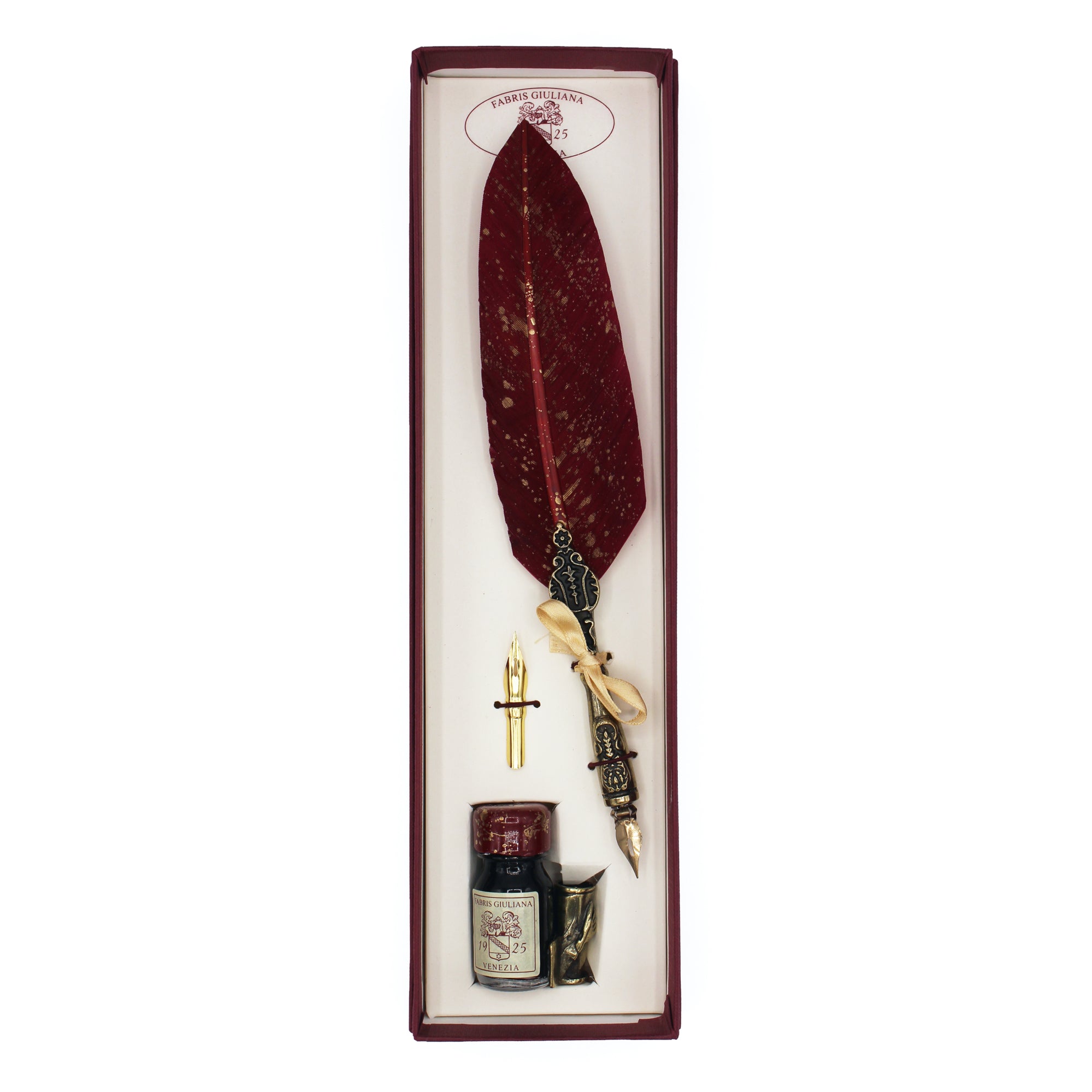 Coffret de calligraphie bordeaux et doré avec plume, encrier, recharge et flacon d'encre