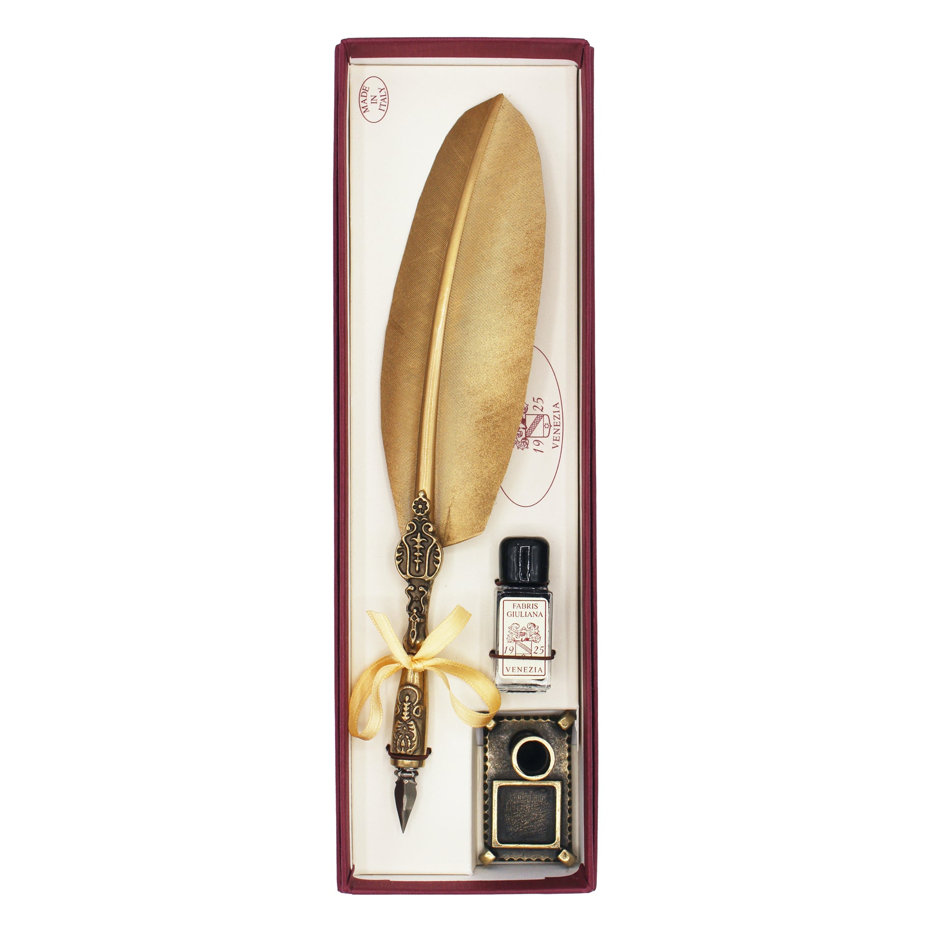 Plume dorée de calligraphie avec encrier et flacon d'encre dans coffret vénitien