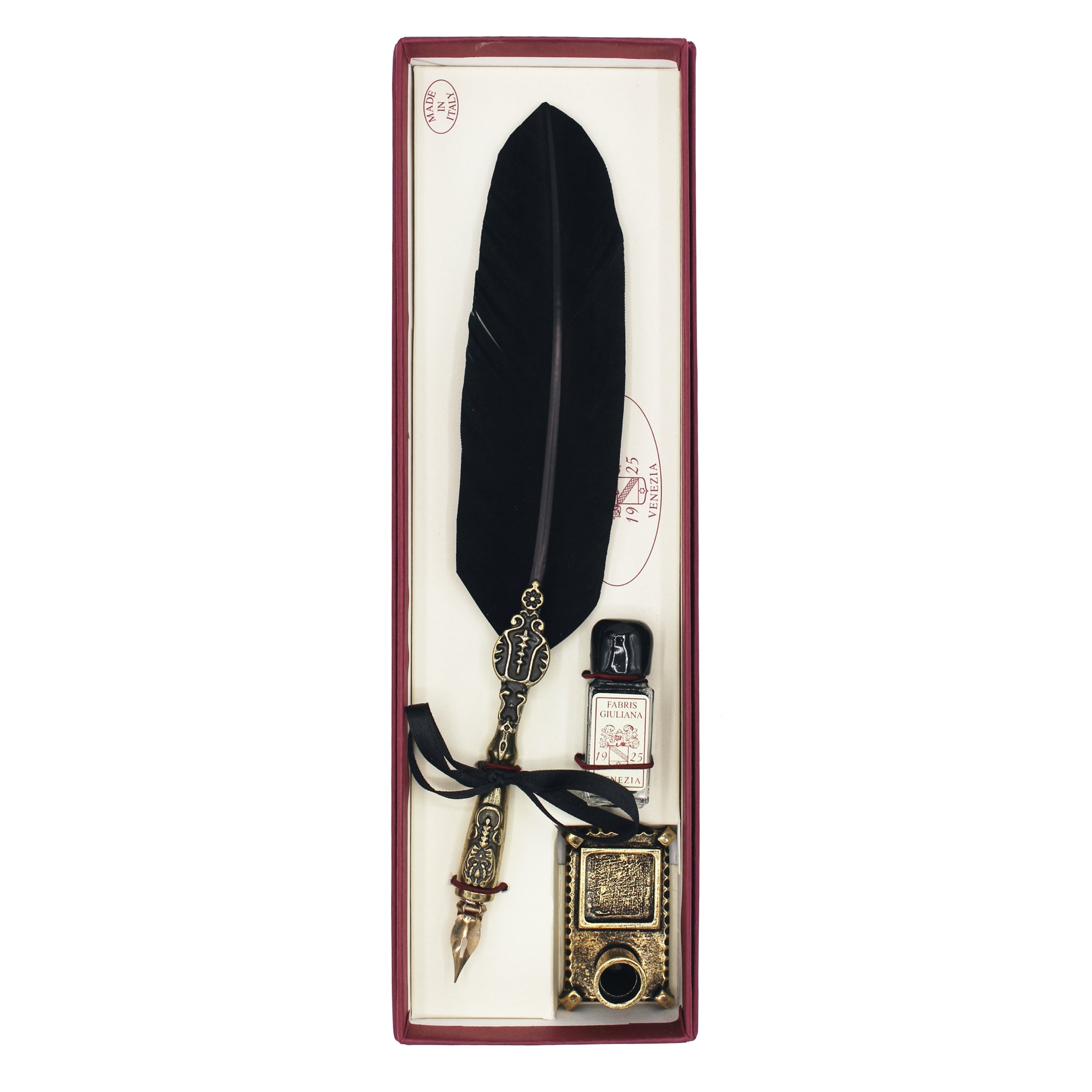 Coffret de calligraphie noir avec plume, encrier et flacon d'encre, présenté dans son étui