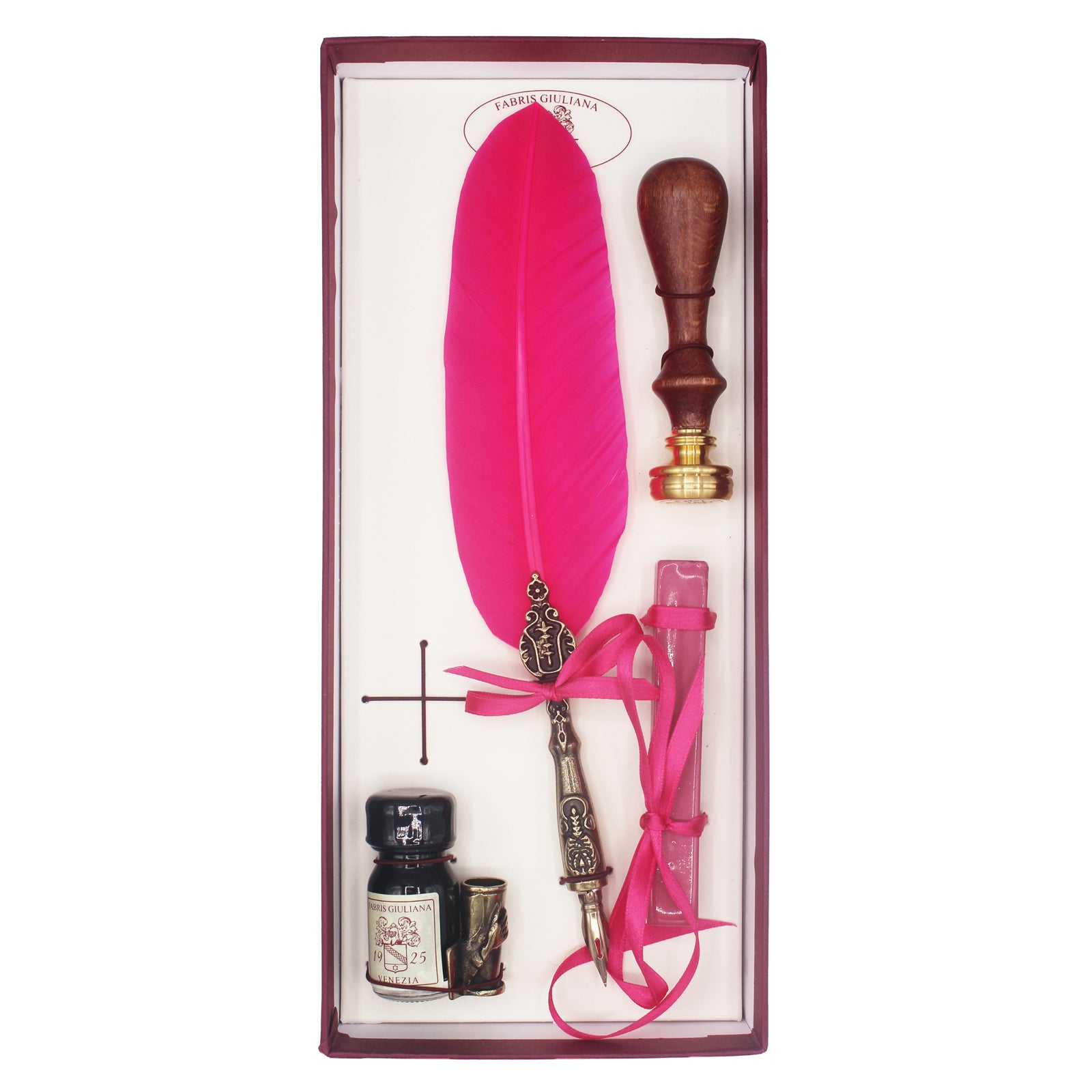 Coffret de calligraphie rose avec plume, cachet en bois, encrier et flacon d'encre