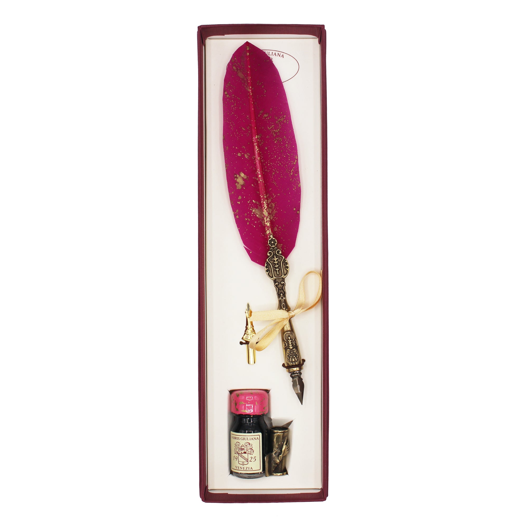 Coffret de calligraphie rose et doré avec plume, encrier et flacon d'encre dans son étui