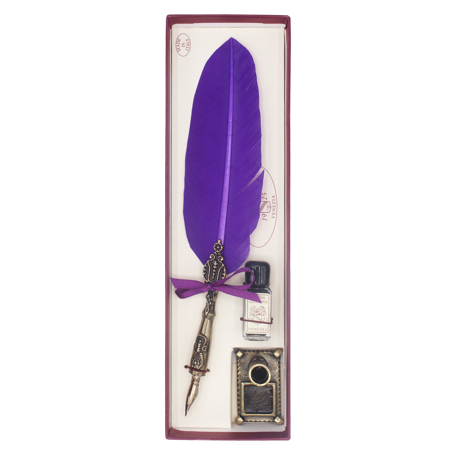 Coffret de calligraphie violet avec plume d'oie, encrier et flacon d'encre