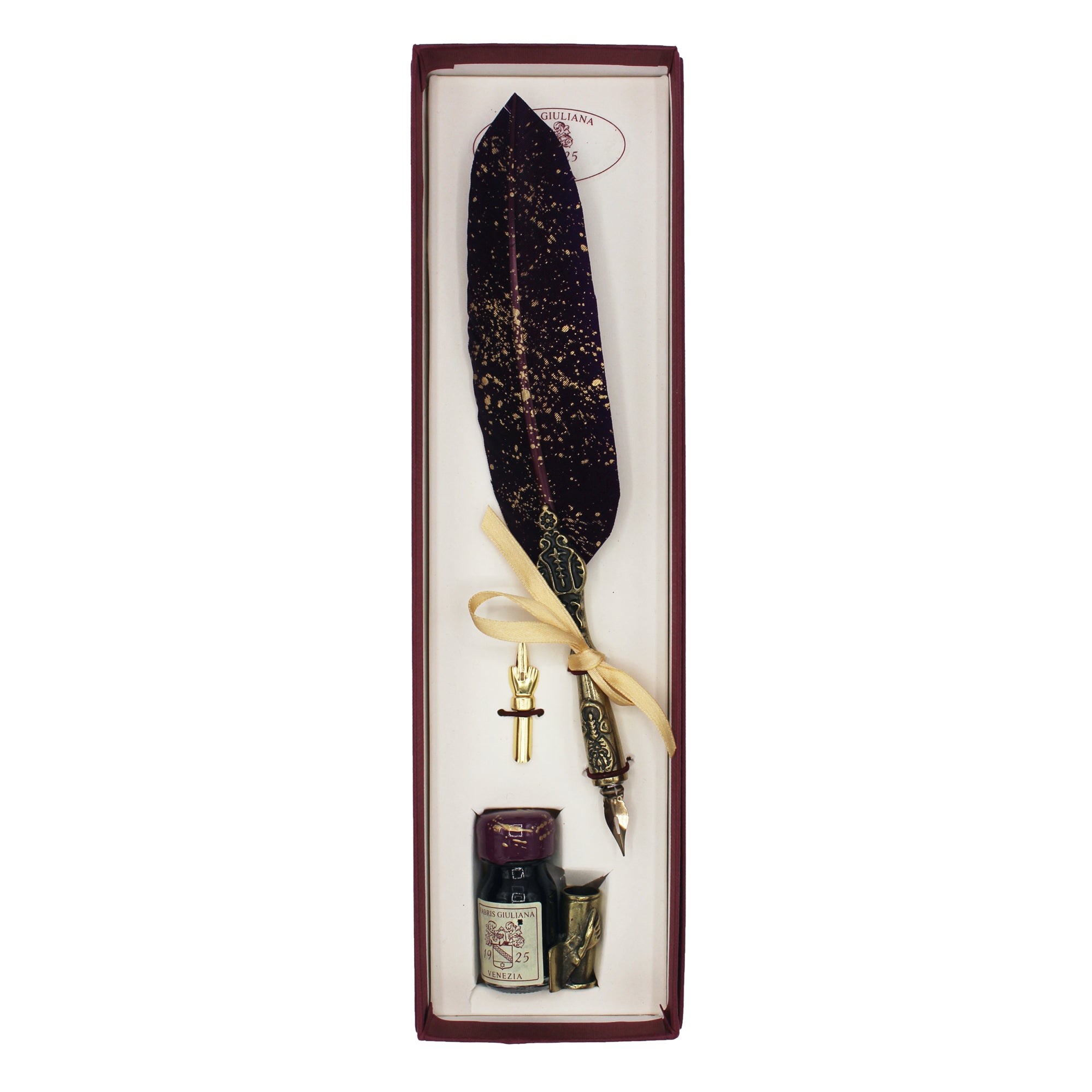 Coffret de calligraphie violet et doré avec plume, encrier et flacon d'encre dans un écrin allongé