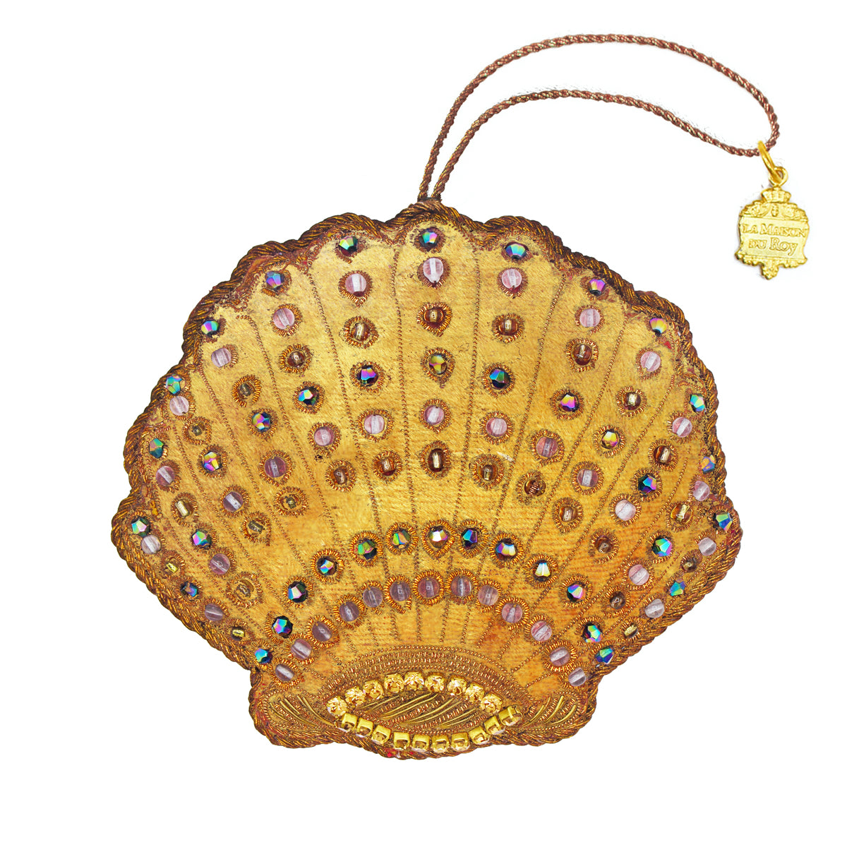 Coquillage brodé doré antique à suspendre, perles irisées et cordon avec écusson doré