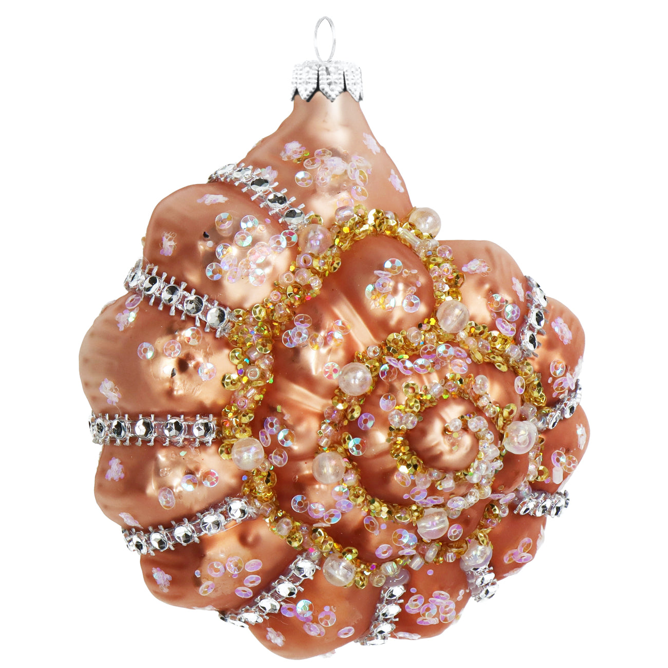Coquillage décoratif en verre soufflé rose cuivré, orné de sequins argent et dorés
