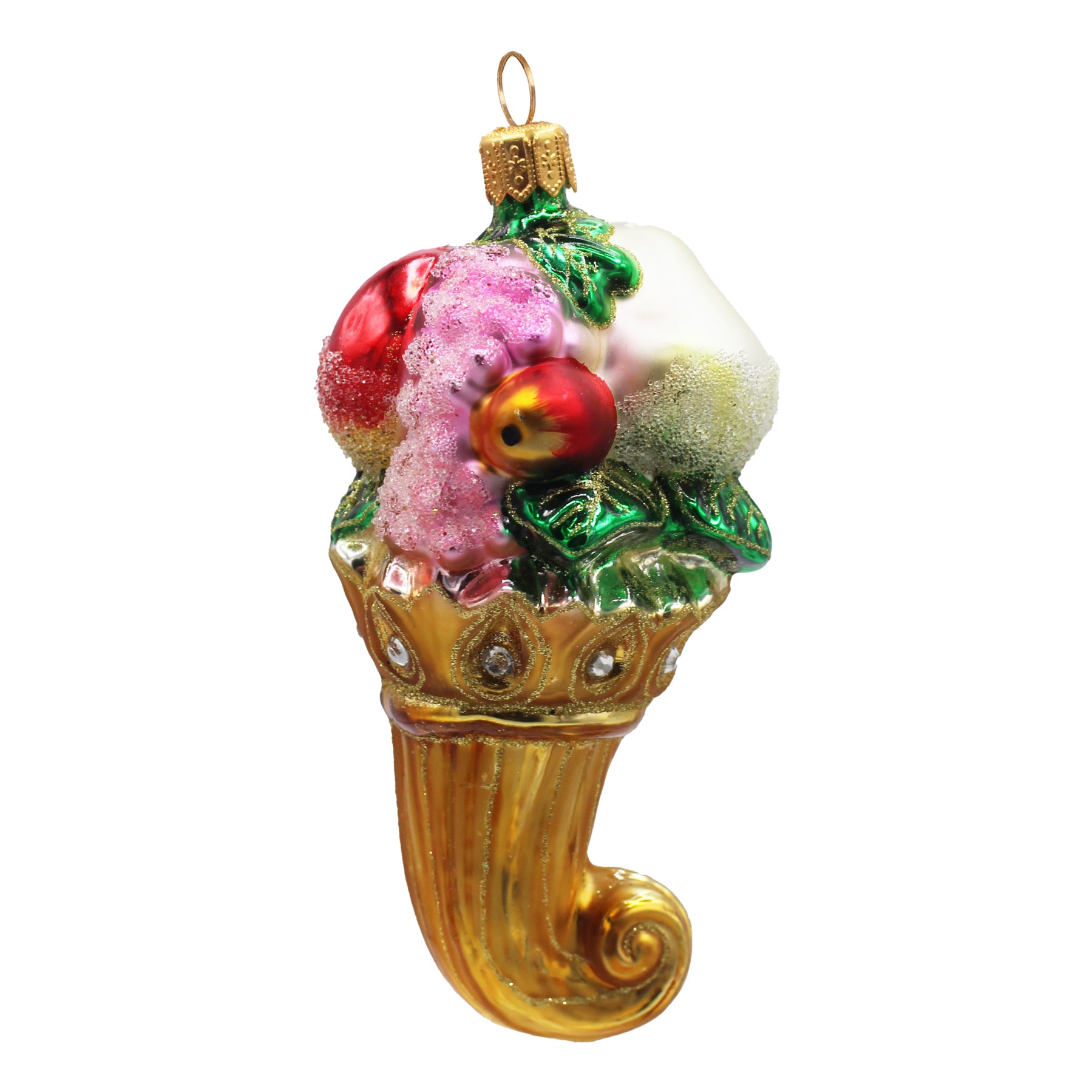 Corne d'abondance en verre soufflé doré garnie de fruits multicolores