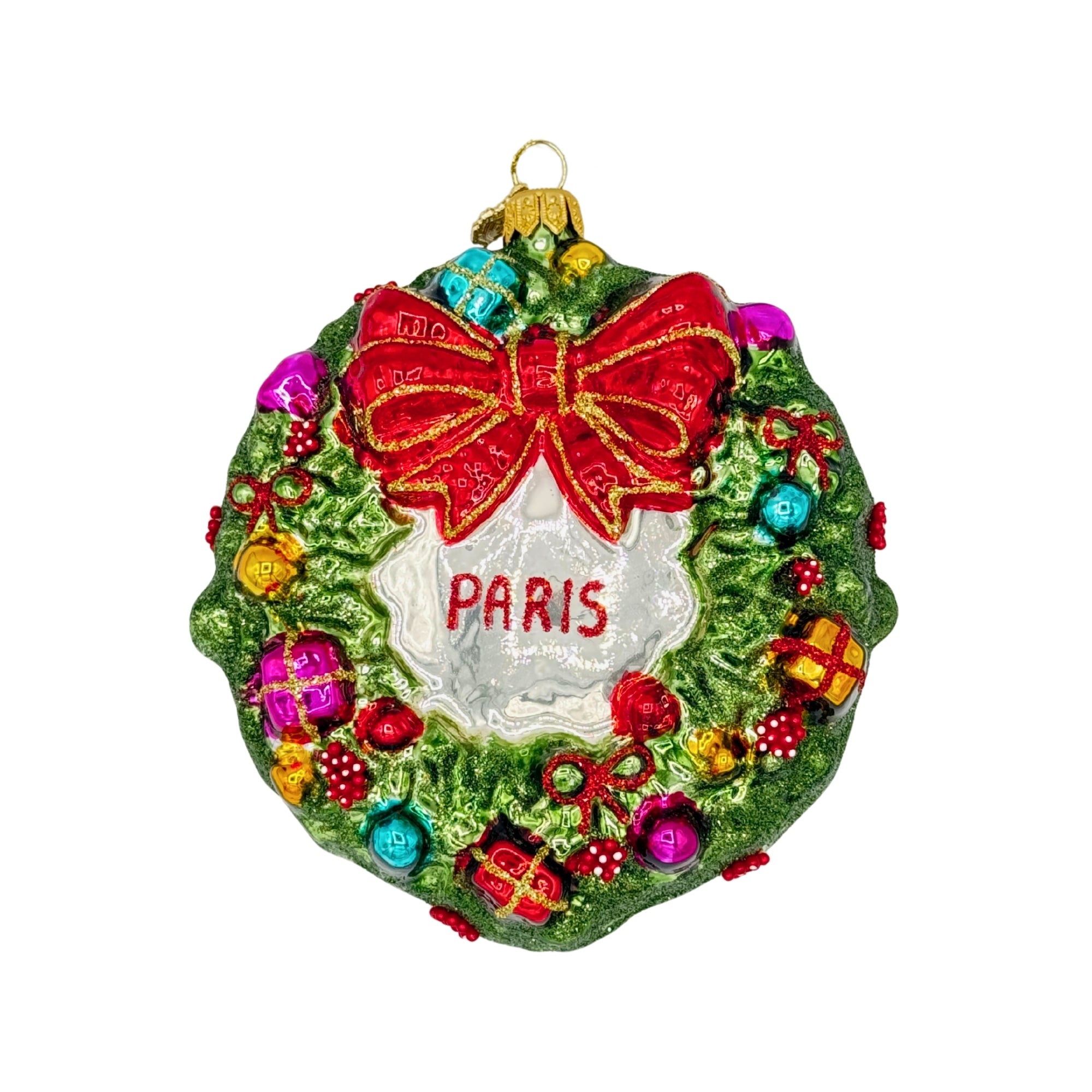 Couronne de Noël en verre soufflé vert avec nœud rouge, paquets cadeaux et inscription Paris