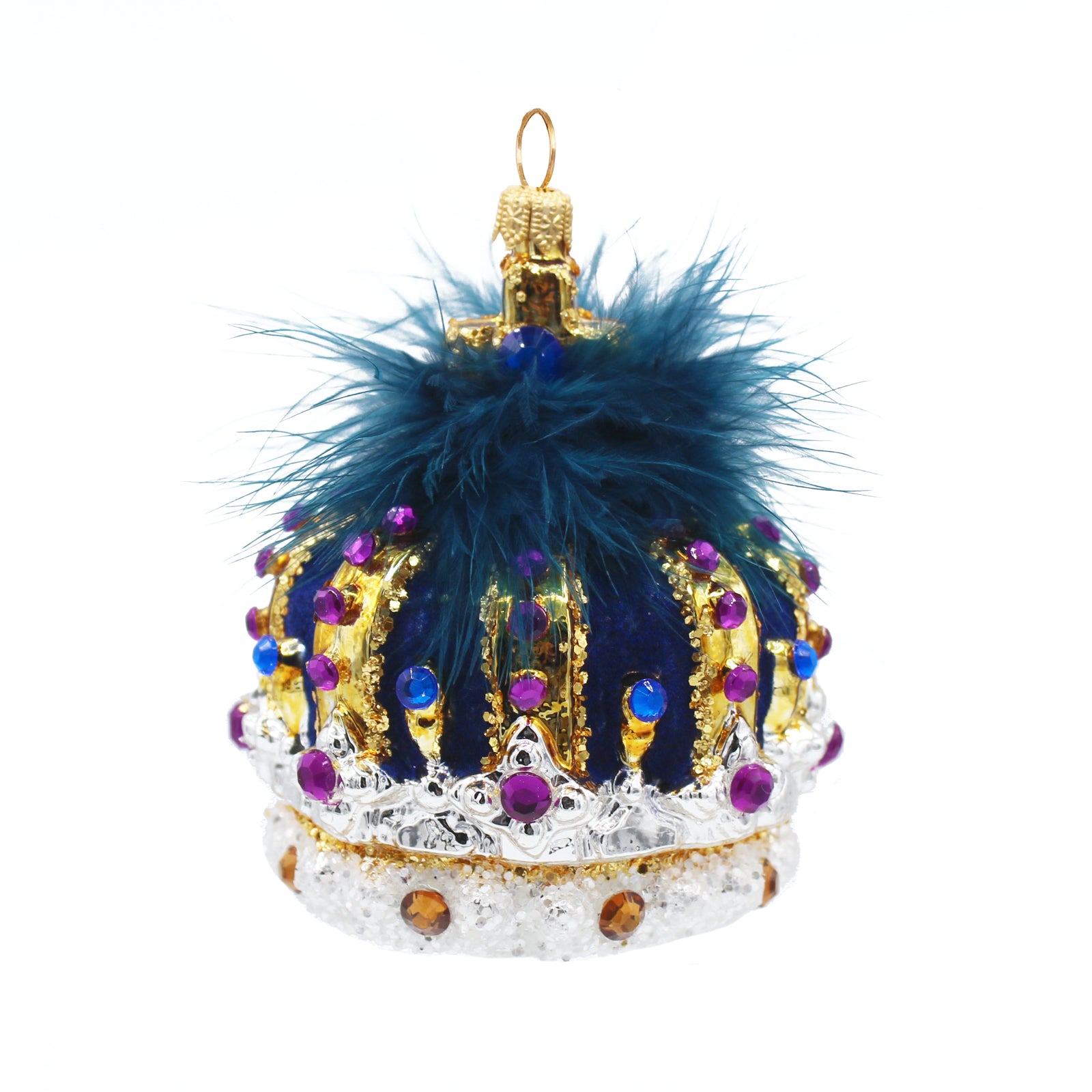 Couronne de Noël en verre soufflé bleu et doré avec plumes et strass violets