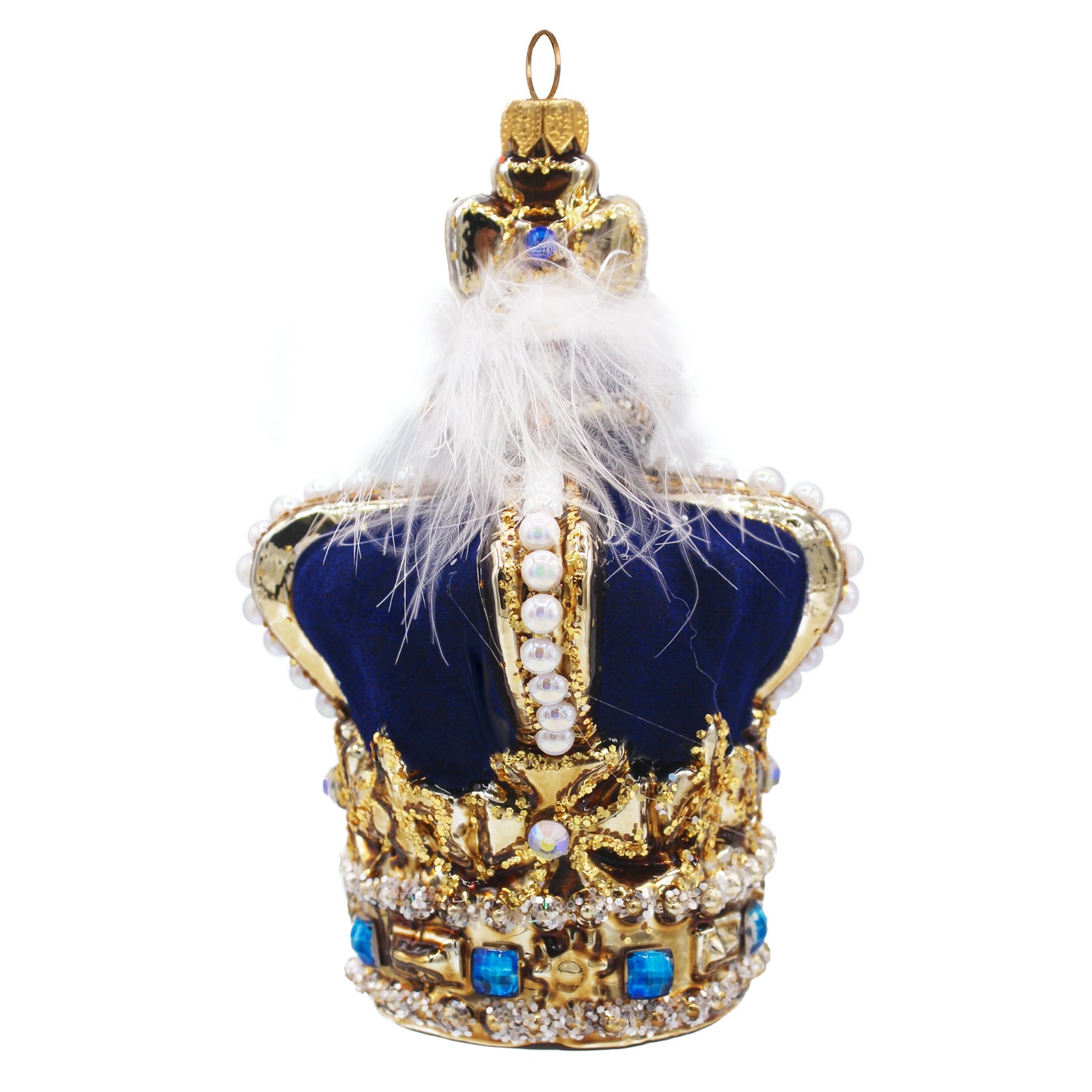 Couronne en verre soufflé bleu et doré ornée de perles et plume blanche