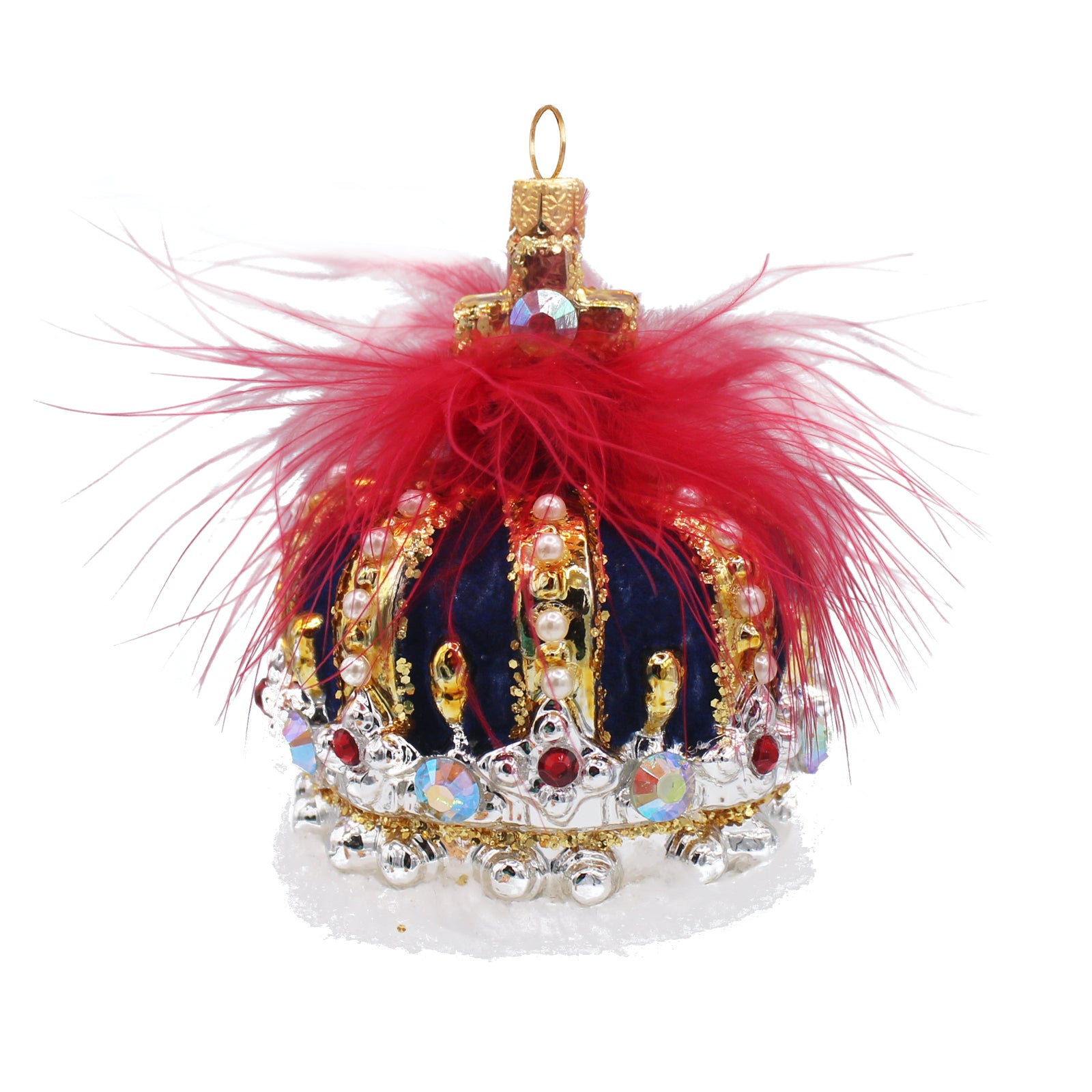 Couronne de Noël en verre soufflé bleu et doré, ornée de plumes rouges et de strass