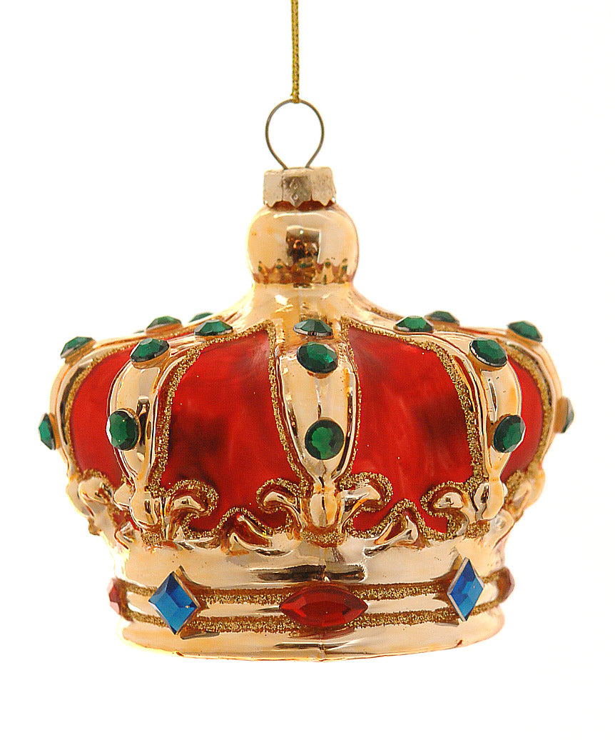 Couronne royale décorative en verre rouge et doré, ornée de strass colorés et paillettes, avec attache de suspension