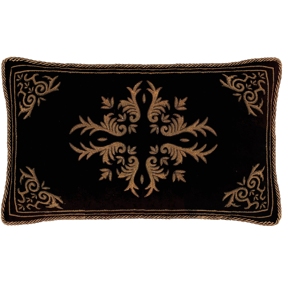Coussin rectangulaire en velours noir brodé doré antique, motifs baroques et galon torsadé