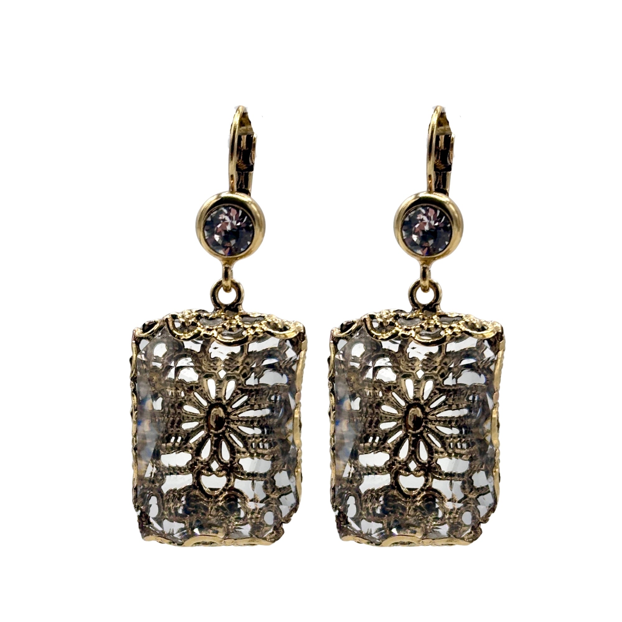 Boucles d’oreilles pendantes en cristal facetté, monture dorée, cabochon rond et pendentif rectangulaire ajouré