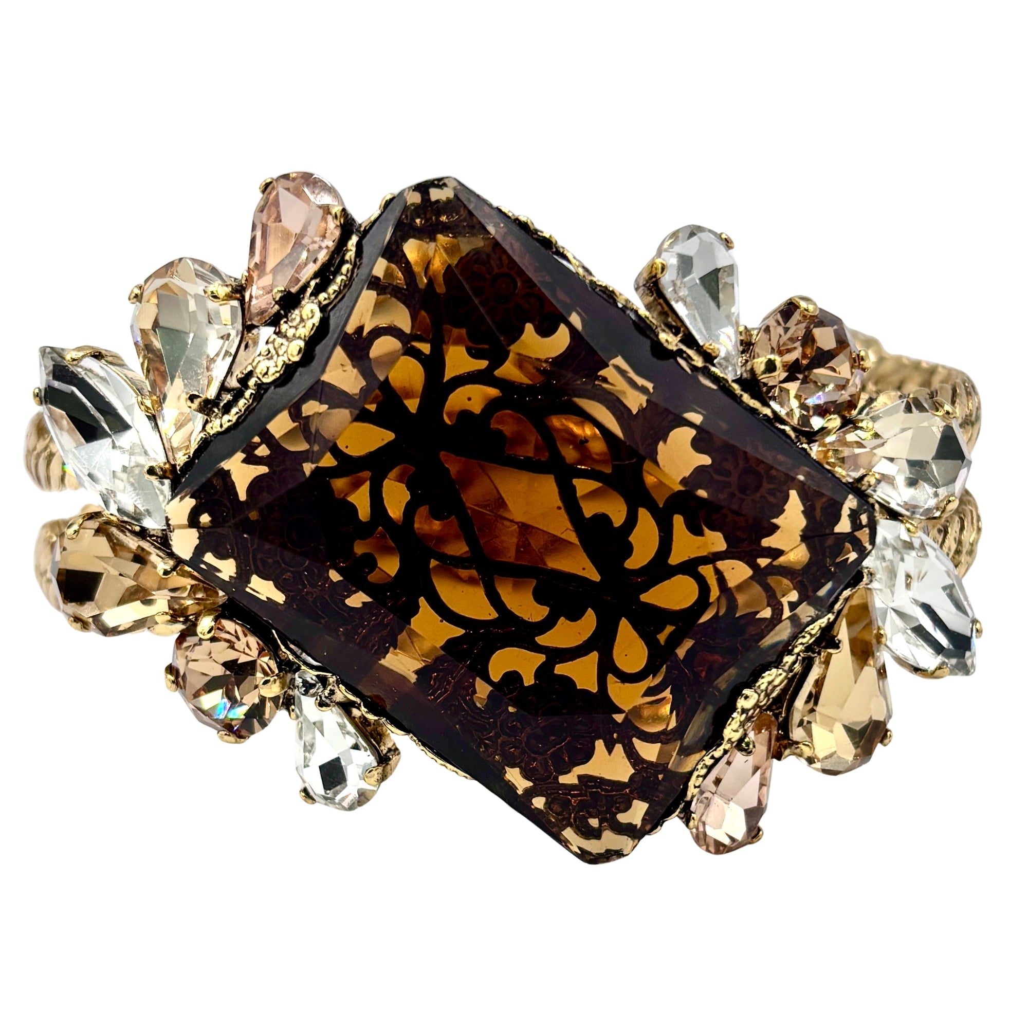 Bracelet en cristal ambré avec pierre centrale facettée et cristaux clairs sertis doré