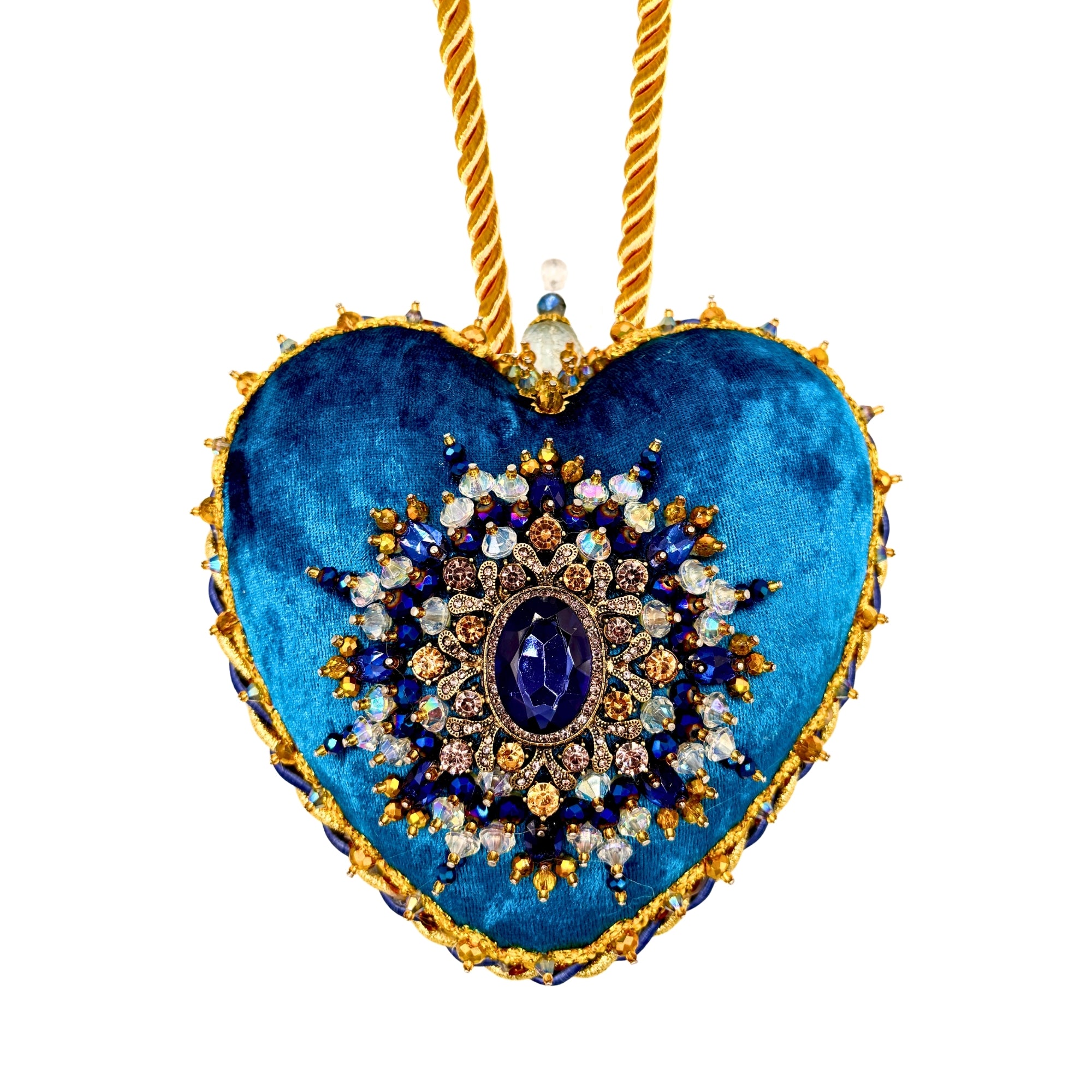 Grand cœur décoratif bleu en velours, orné de perles et strass avec cabochon central et bordures dorées