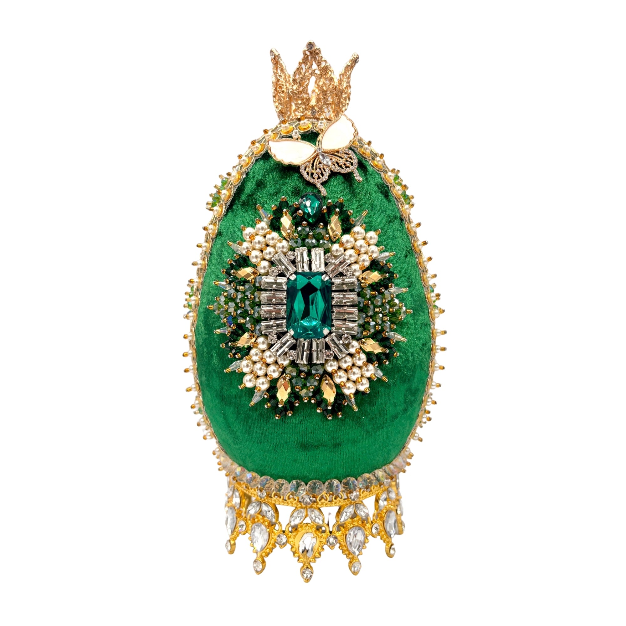 Œuf décoratif vert en velours, orné de pierres vertes, perles, cristal et couronne dorée ajourée