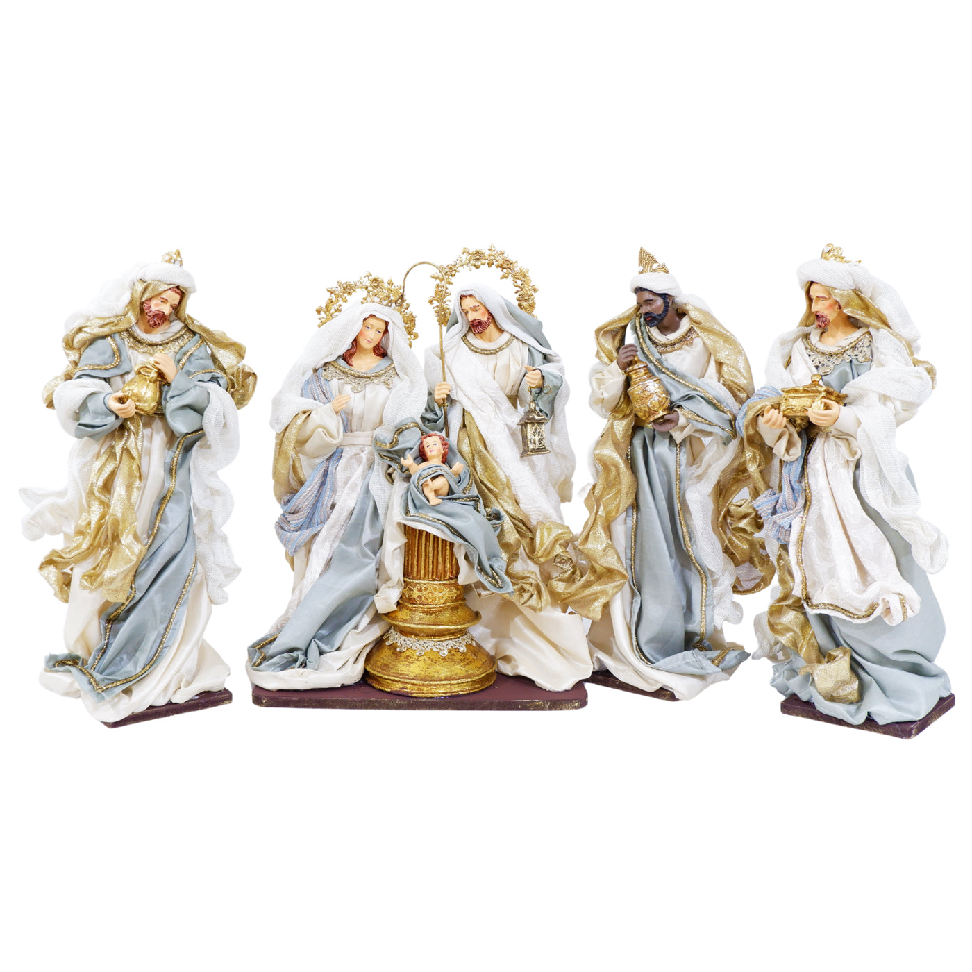 Crèche italienne avec Marie, Joseph, l'Enfant Jésus et les Rois mages en robes bleu et or