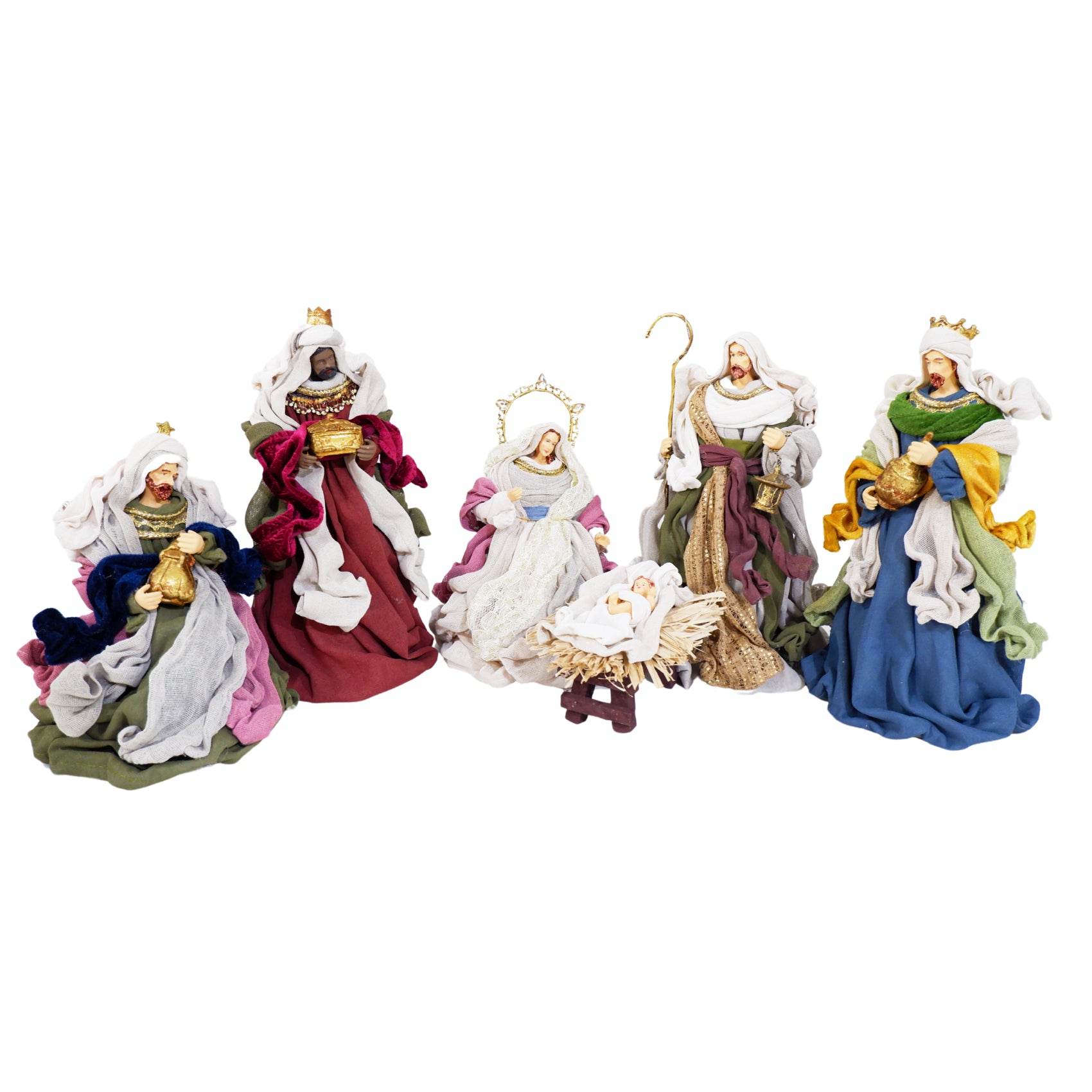 Crèche italienne en tissu avec Marie, Joseph, l'Enfant Jésus et les Rois mages