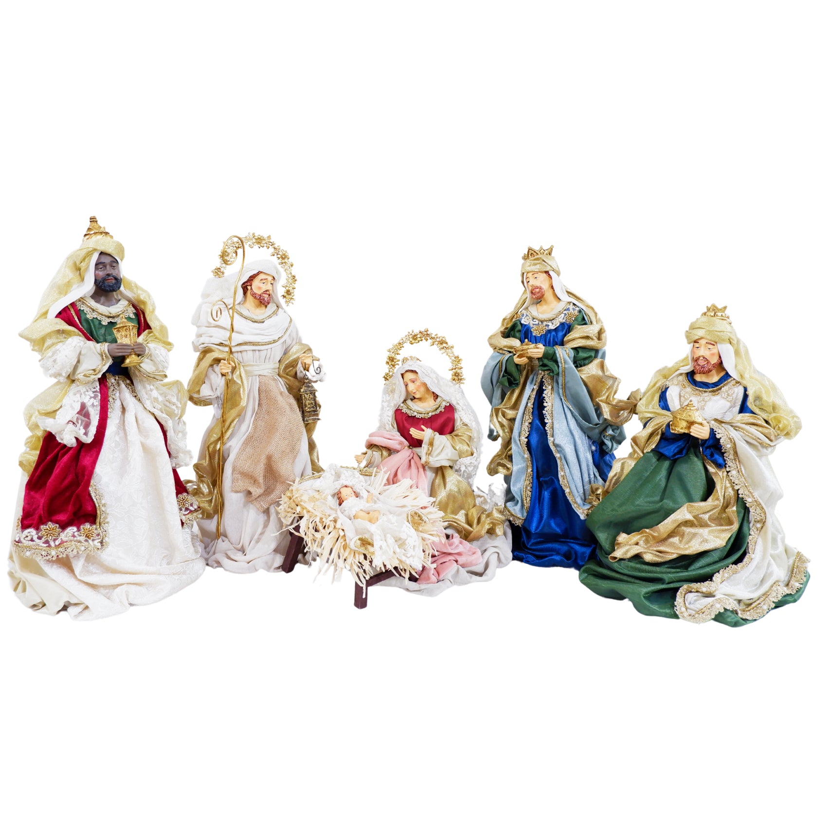 Crèche italienne avec Marie, Joseph, l'Enfant Jésus et trois Rois mages en tissus dorés