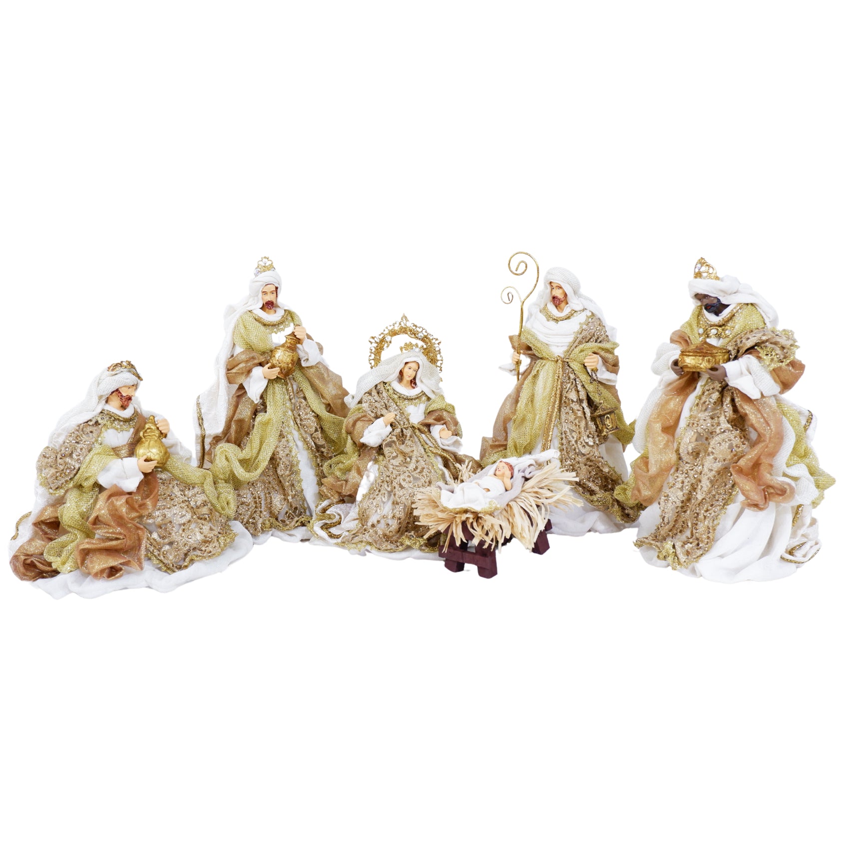 Crèche italienne avec Marie, Joseph, l'Enfant Jésus et les Rois mages en habits dorés