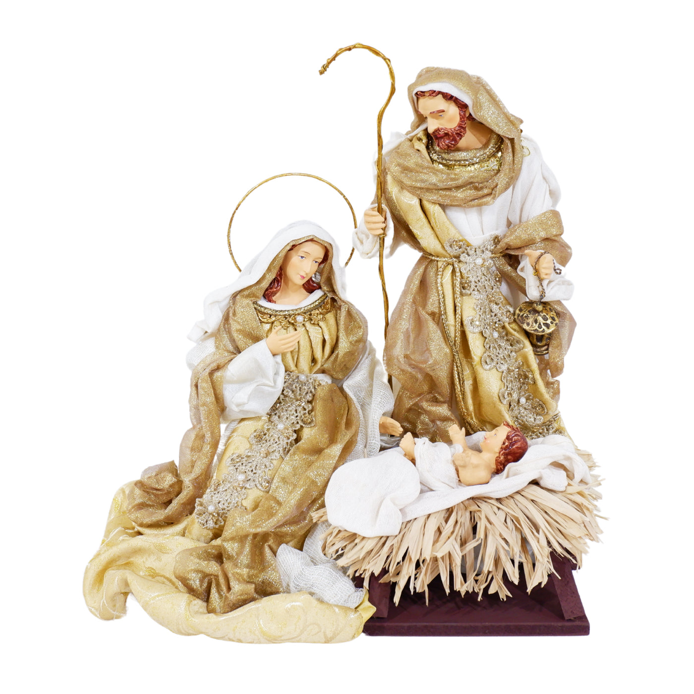 Crèche italienne ivoire et dorée avec Marie, Joseph et l'Enfant Jésus