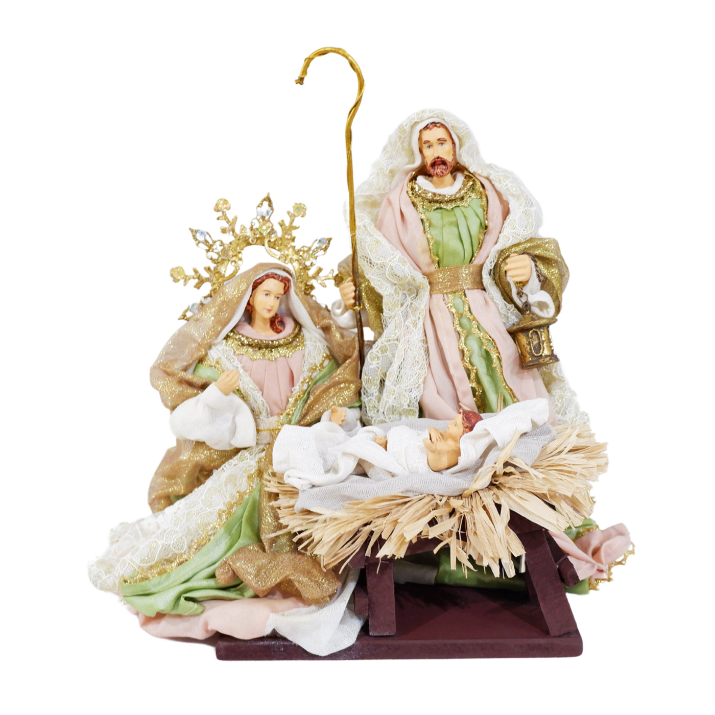 Sainte famille italienne en ivoire, vert et doré avec Marie, Joseph et l'Enfant Jésus