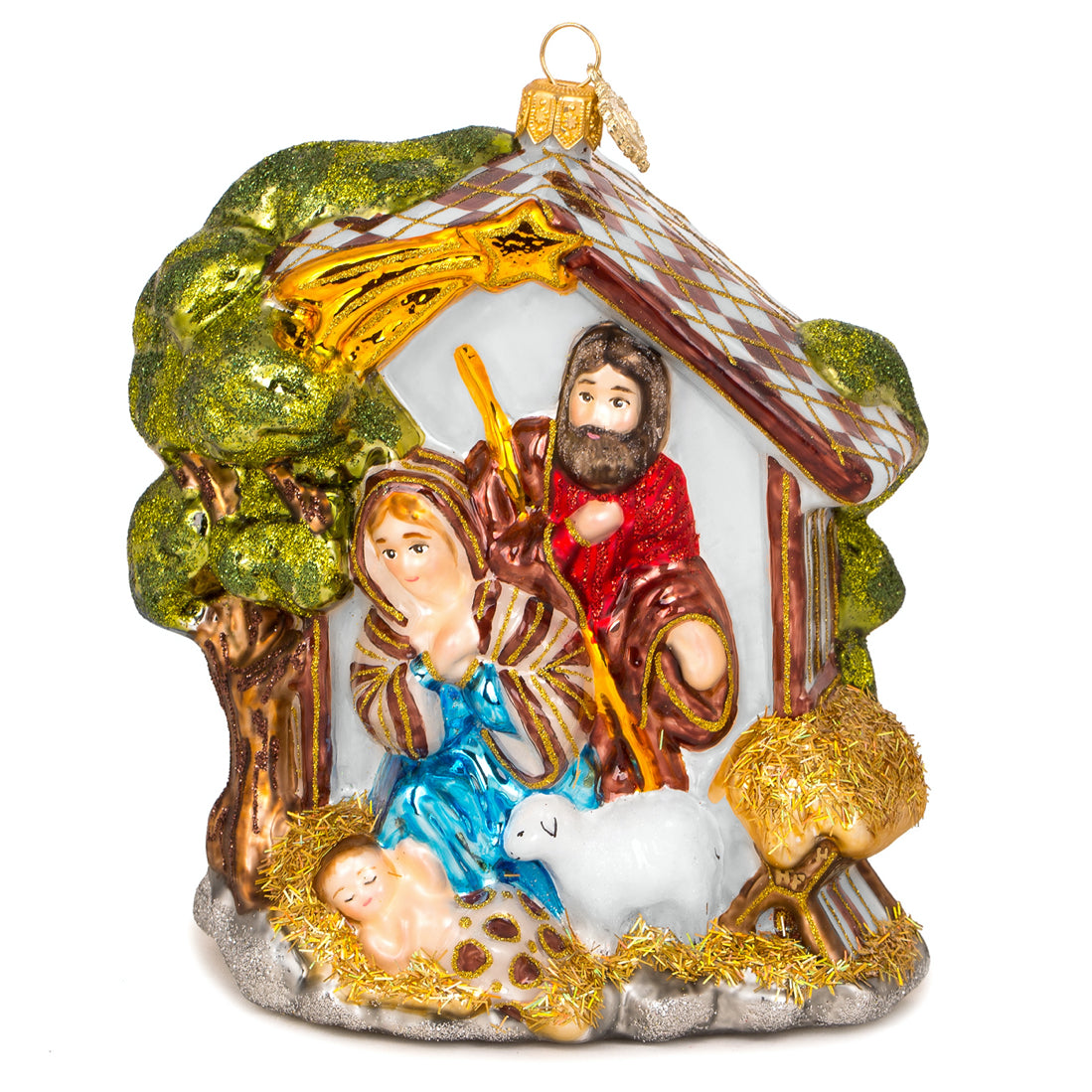 Crèche en verre soufflé peinte à la main avec Marie, Joseph, l'agneau et toit doré