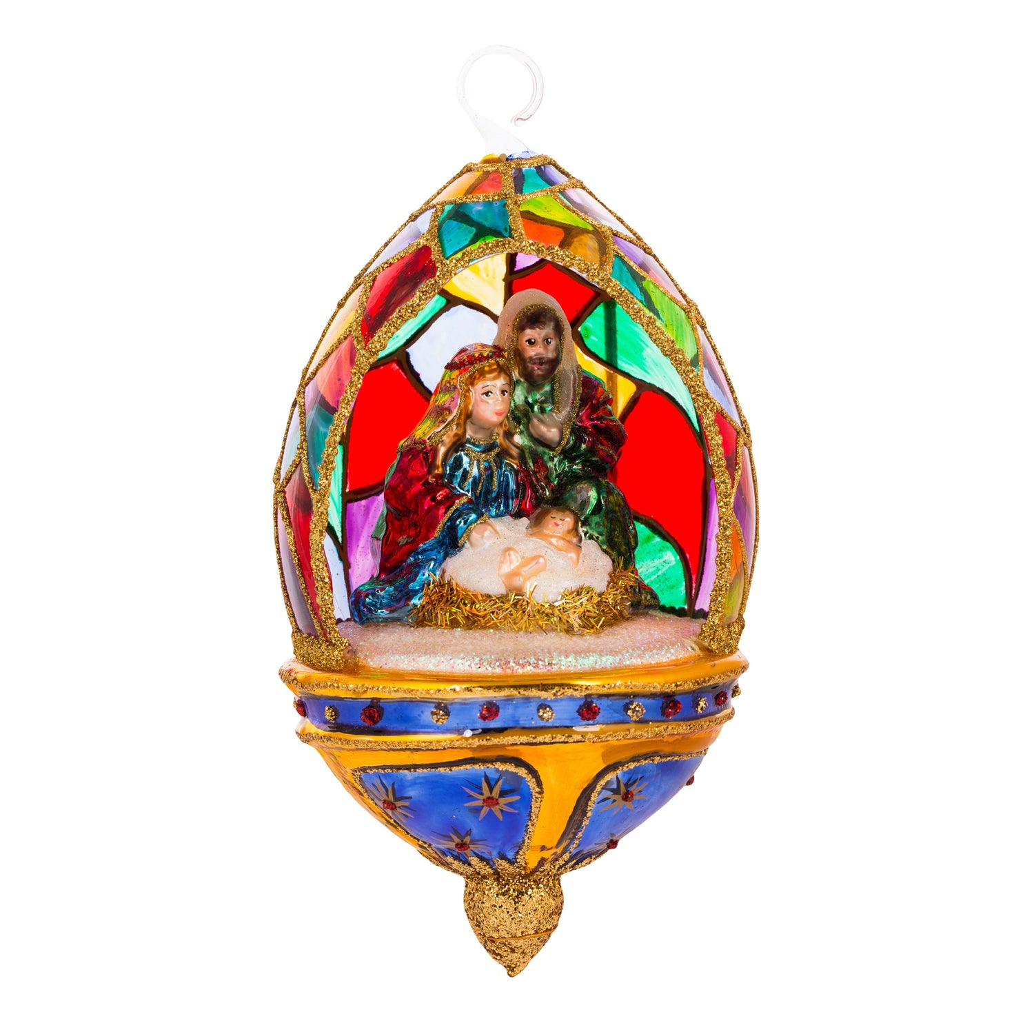 Crèche en verre soufflé dans un dôme en vitrail multicolore et finitions dorées