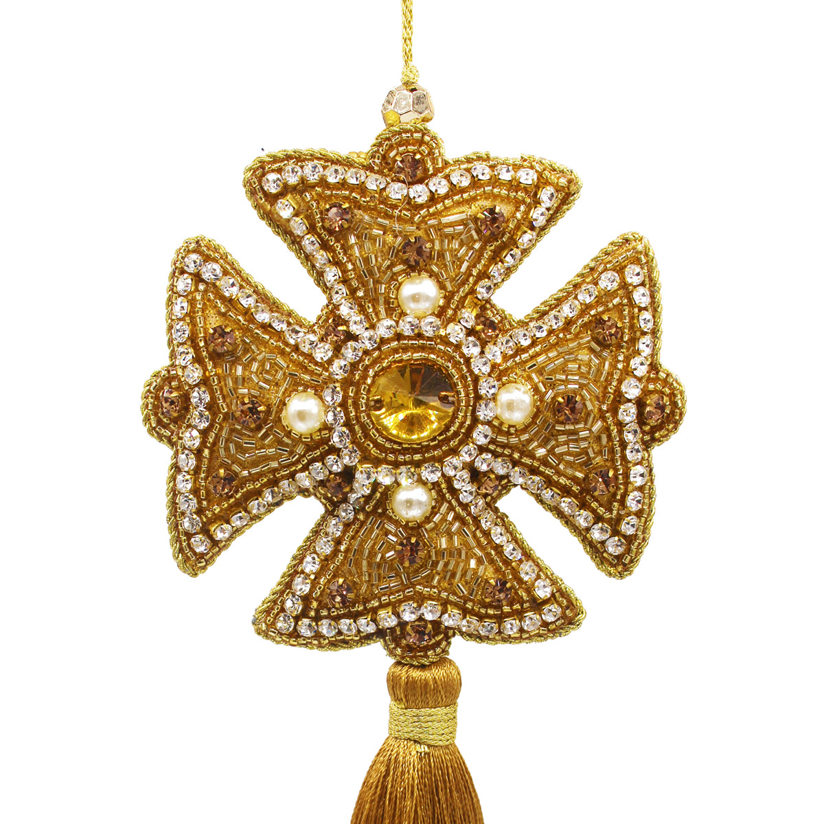 Croix brodée dorée à perles et strass, suspendue par un cordon or