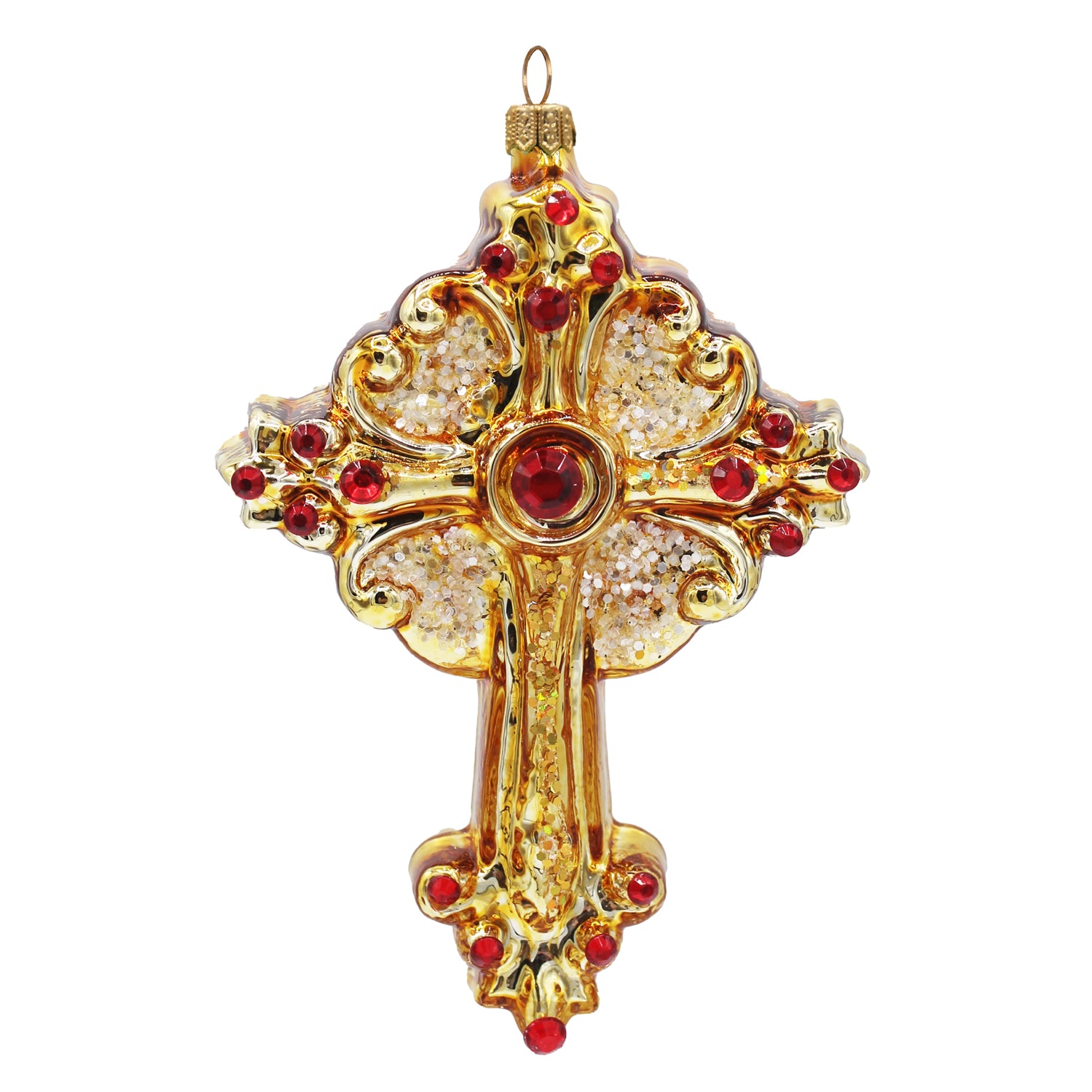 Croix en verre soufflé doré et brun ornée de cabochons rouges et de paillettes