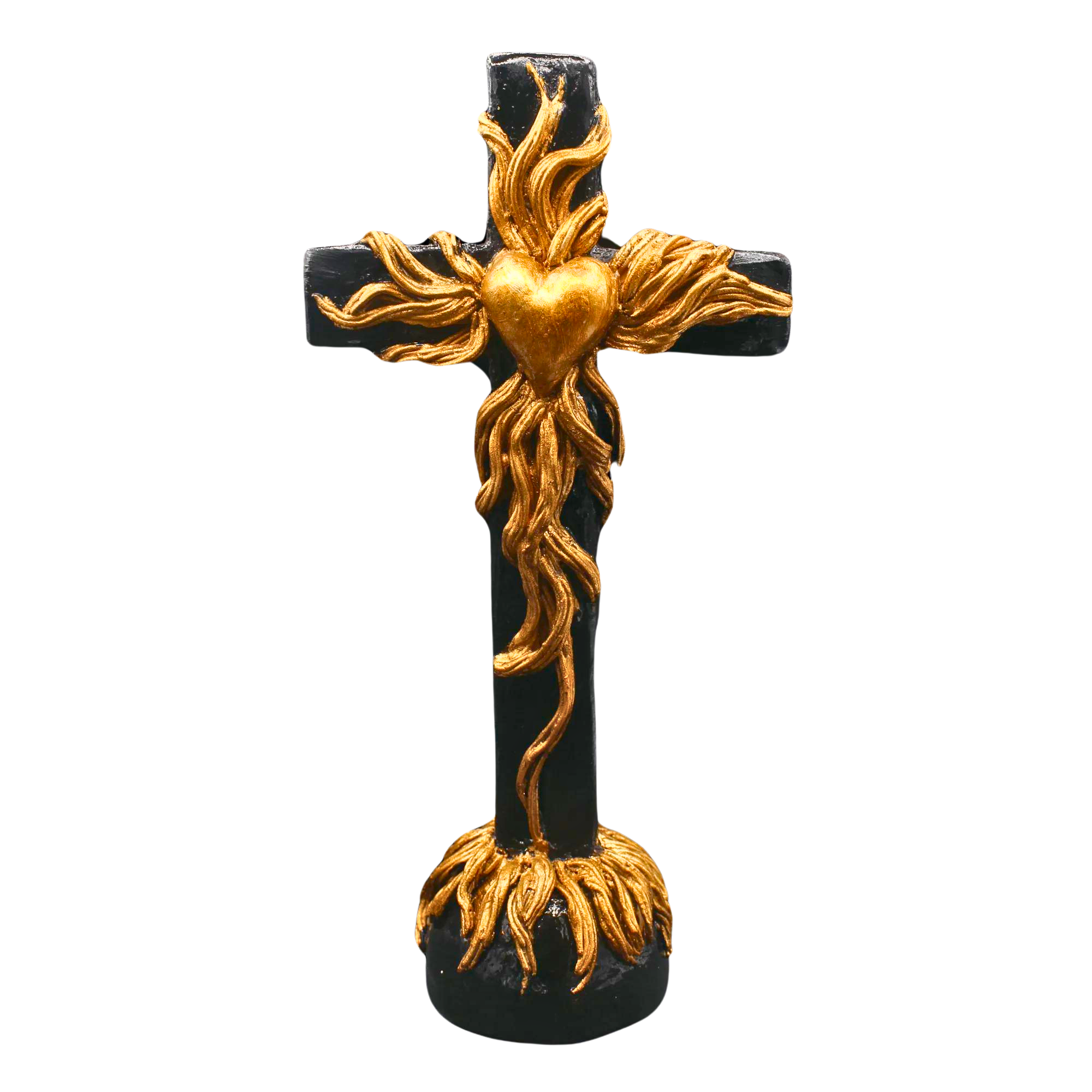 Croix ex-voto noire à cœur doré en relief, ornée de feuillages cuivrés