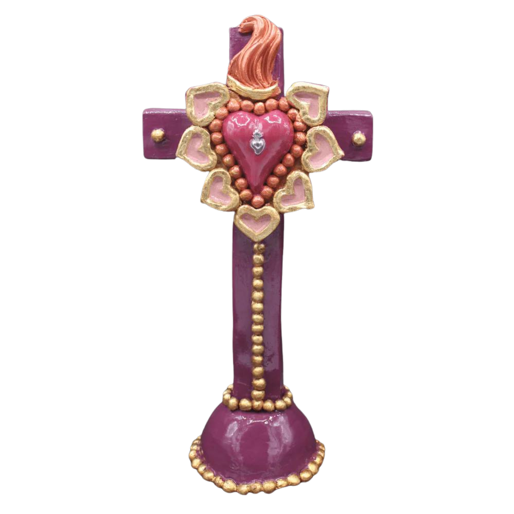 Croix ex-voto mauve en terre d argile rehaussée de feuille d or et cœur central rose