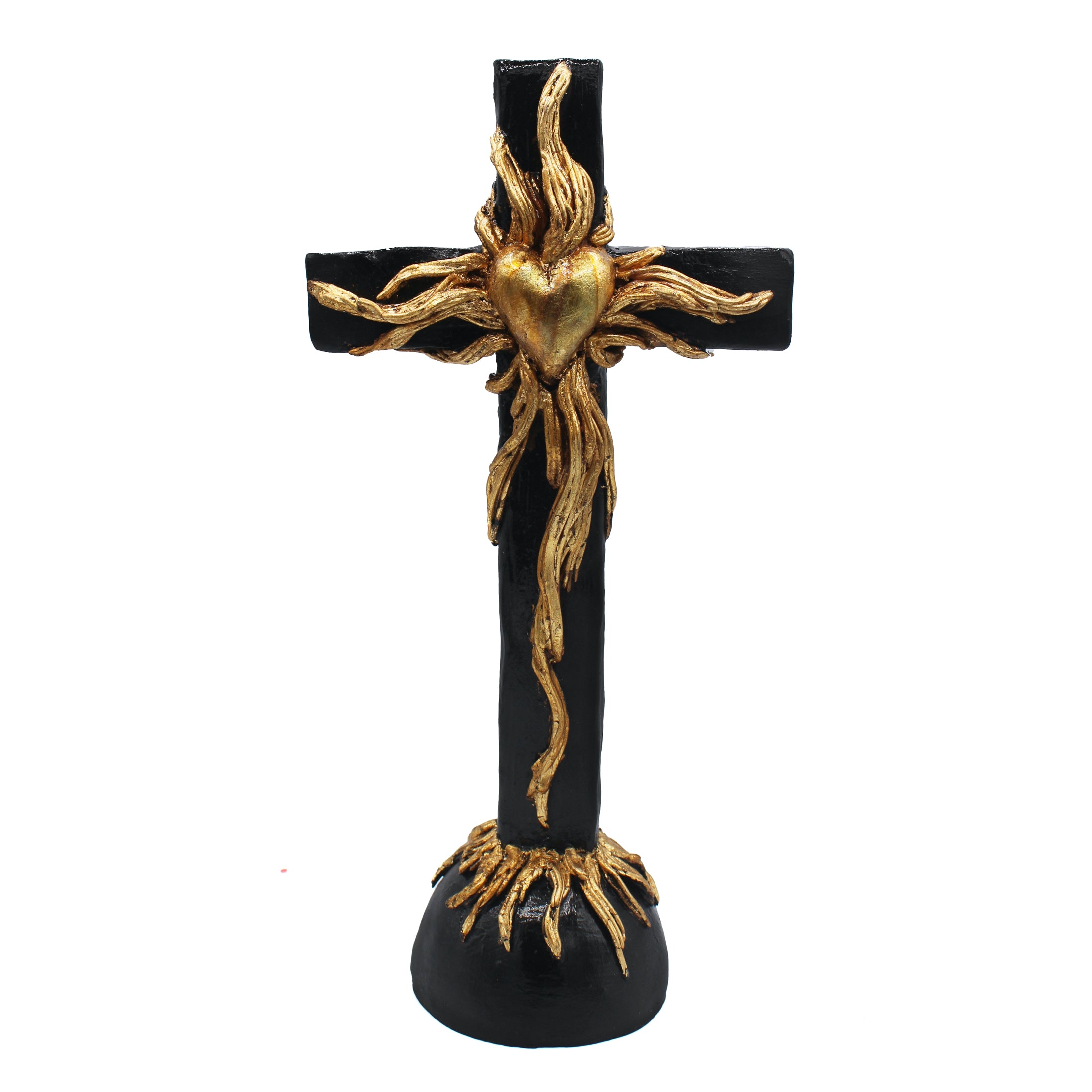 Croix ex-voto en terre cuite noire rehaussée d'un coeur doré et de feuilles d'or