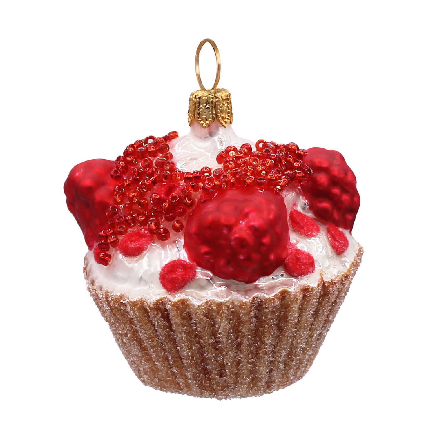 Cupcake décoratif en verre soufflé crème et rouge, garni de framboises